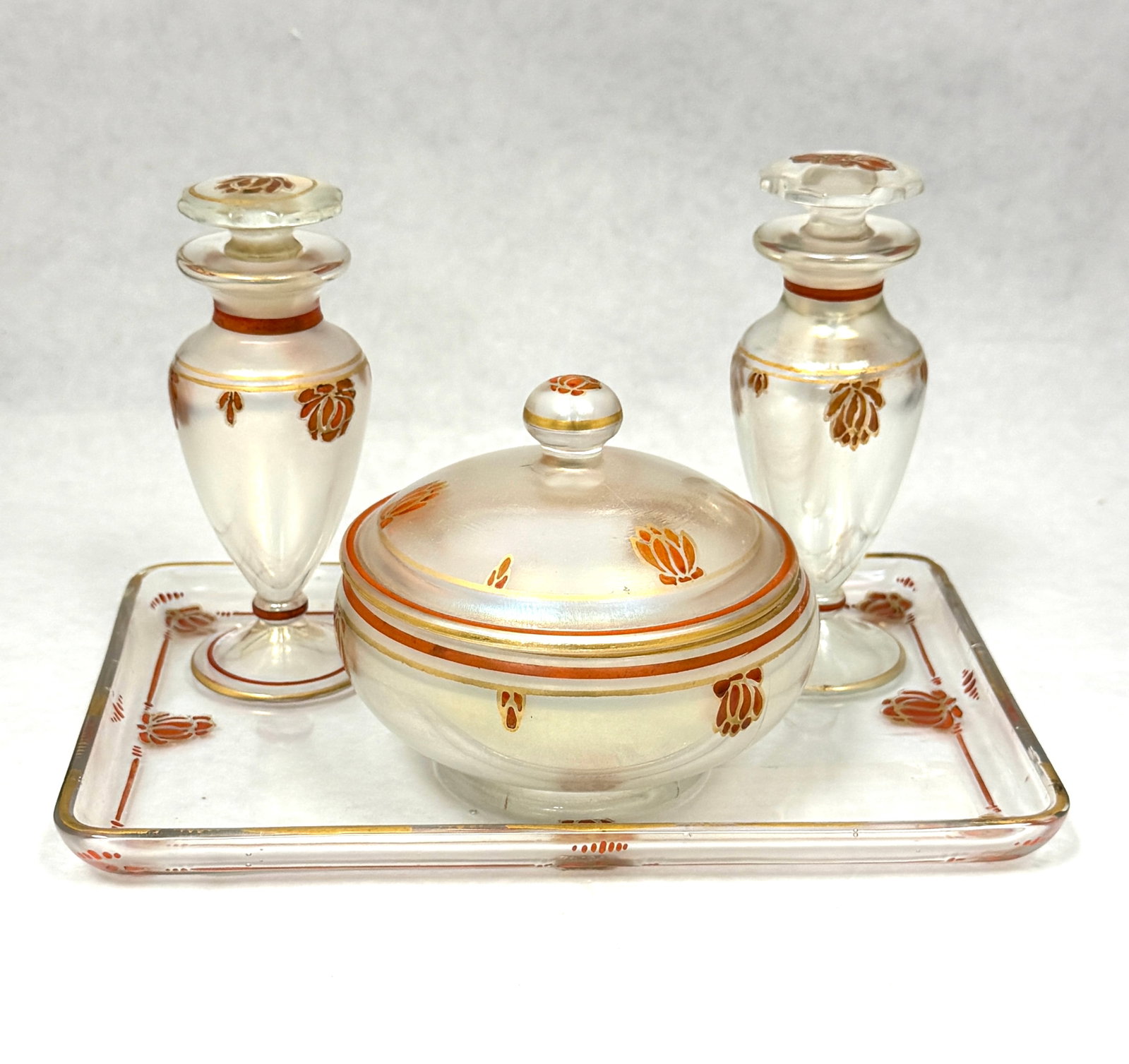 Fenton Persian Pearl Bath Set: Fenton Persian Pearl bath set consisting of two perfumes, a jar and tray, 8 1/2" long. PROVENANCE: from the collection of Ferill and Otis Rice founders of the FAGCA, Frank Fenton Museum Randy Clark