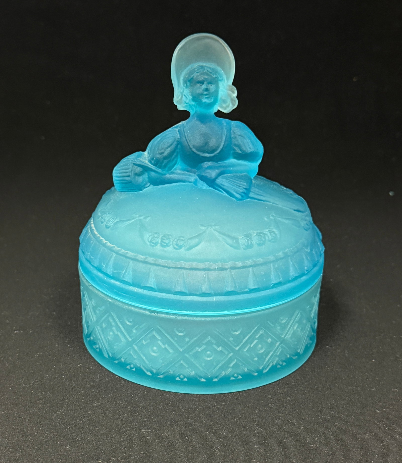 Dermay Inc. Victorian Powder Box: Dermay blue powder box with a Victorian Lady, marked Demary Inc Fifth Avenue New York, 6" ht. LITERATURE: "Bedroom & Bathroom Glassware" by Whitmyer page 31. CONDITION: no chips, cracks, repairs, or