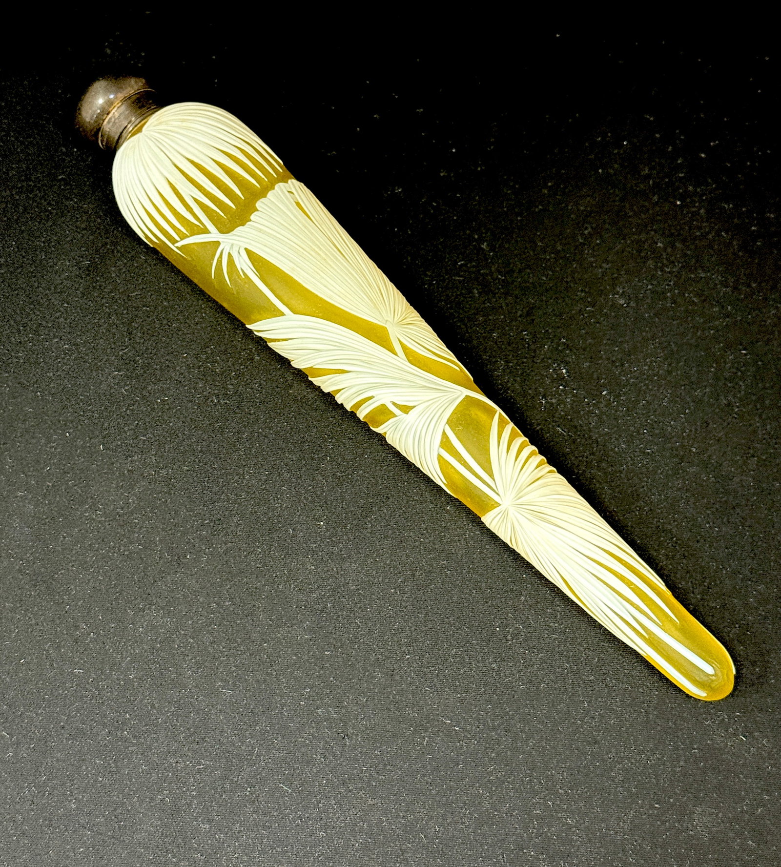 Large Webb Cameo Perfume: Large Webb citron perfume bottle, tear drop form in yellow glass decorated with ferns and a reverse butterfly, marked sterling lid, 10 1/2" long CONDITION: no chips, cracks, repairs, or material defec