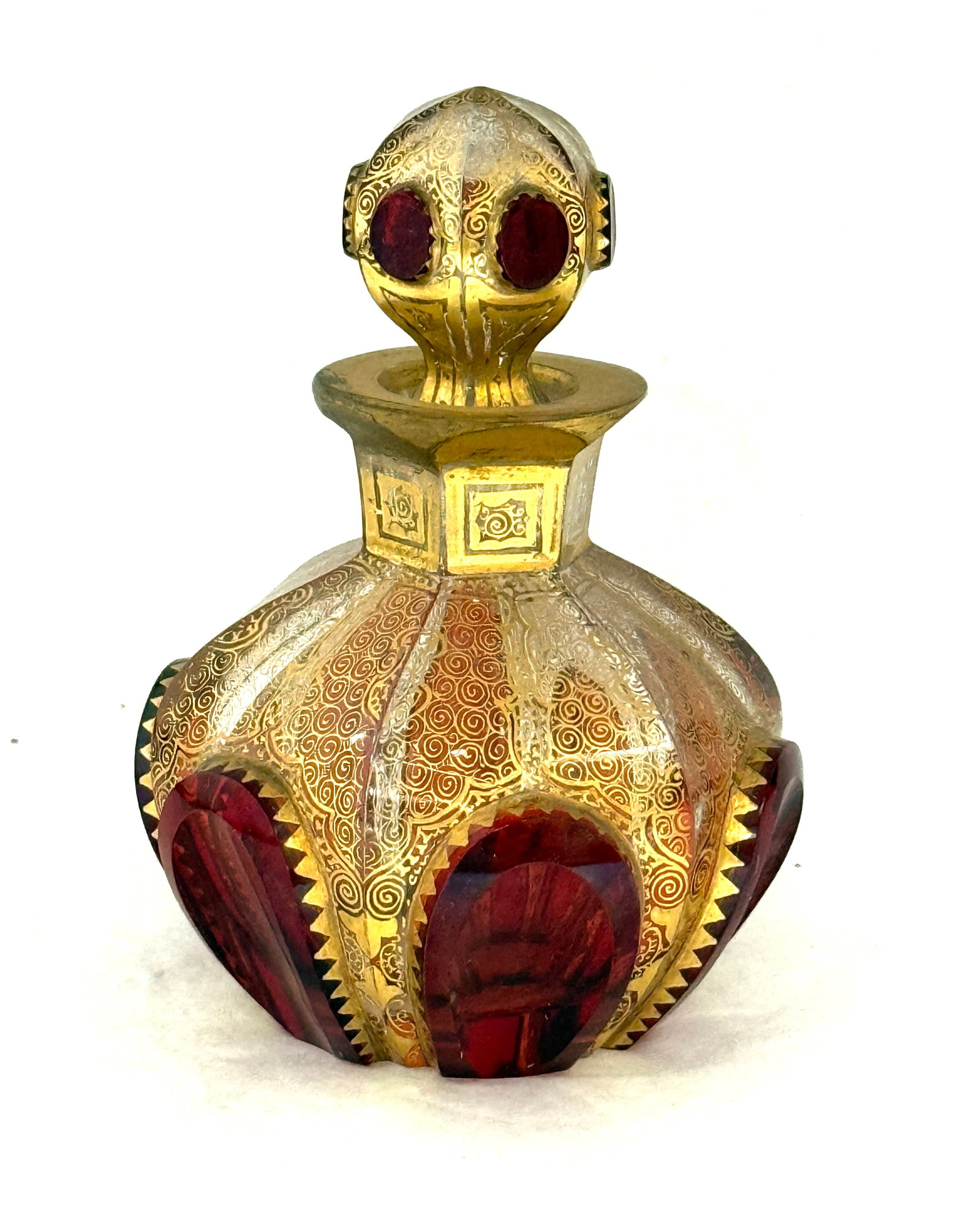 Bohemian Windows Perfume: Bohemian cranberry windows perfume with overall gold scrolling, 4 1/2" ht. CONDITION: no chips, cracks, repairs, or material defects found, Jaremos attempts to call any material flaw that affects the