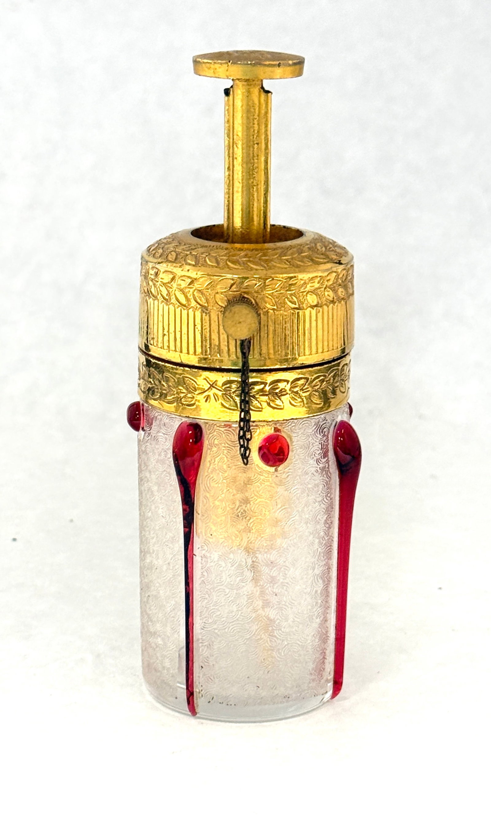 St. Louis Needle Etched Perfume: French St. Louis needle etched perfume atomizer with ruby tear drops, signed Art Verrie S L, 5 1/2" ht. CONDITION: no chips, cracks, repairs, or material defects found, Jaremos attempts to call any