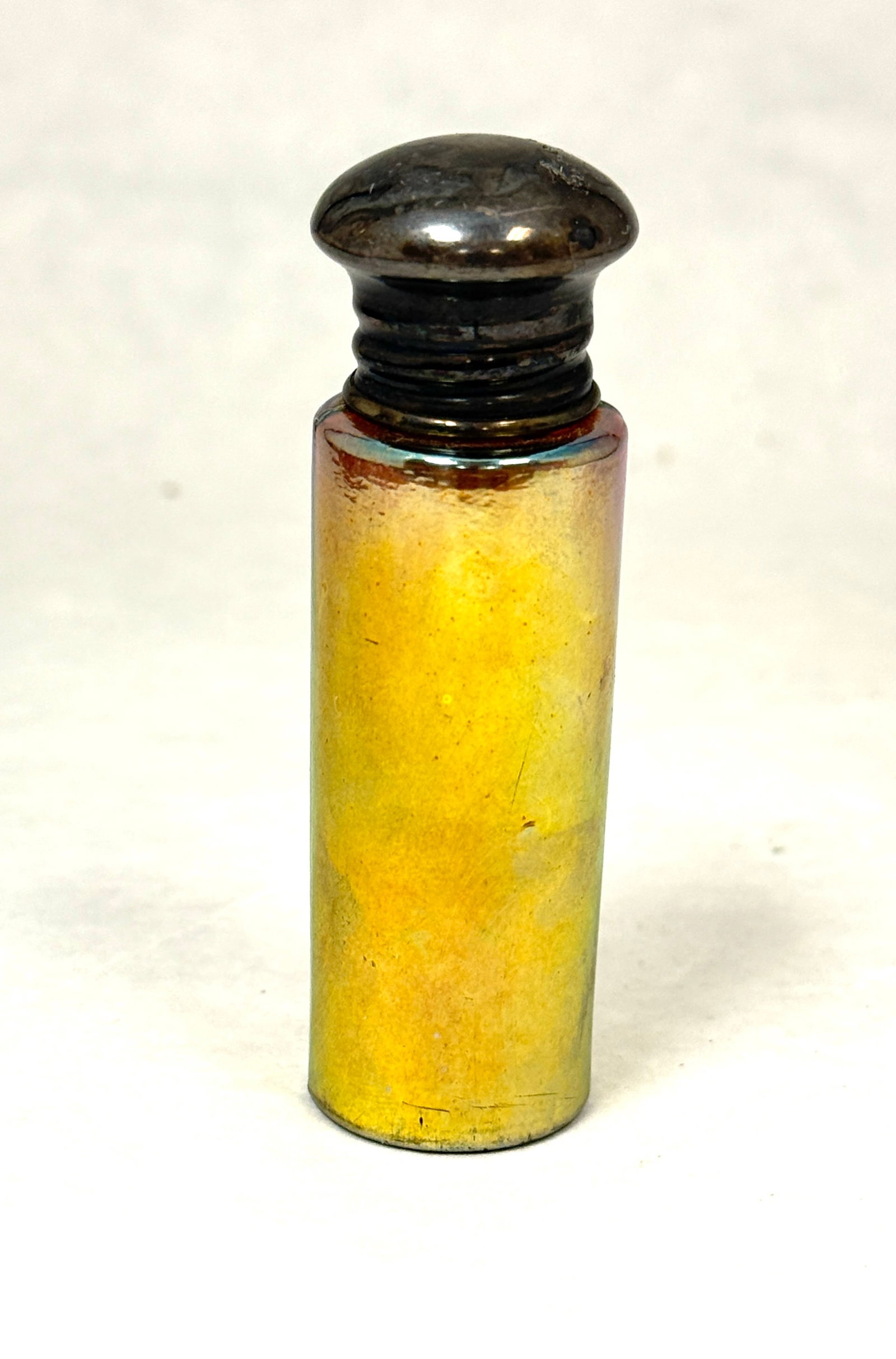 L C Tiffany Gold Favrile Perfume: L C Tiffany Gold Favrile Perfume, cylindrical form with a metal top and internal stopper, signed L C Tiffany, 2 3/4" ht. CONDITION: no chips, cracks, repairs, or material defects found, Jaremos