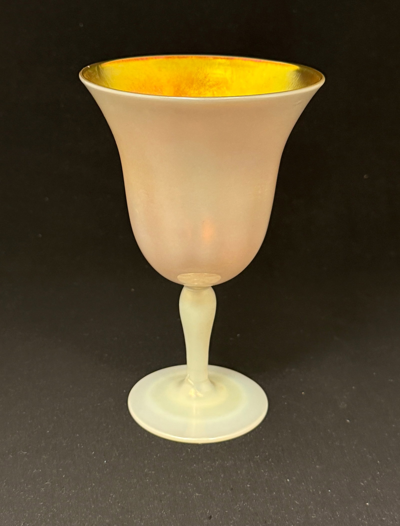 Steuben Calcite on Gold goblet: Steuben Calcite on Gold goblet, original paper label, 6 1/2" ht. CONDITION: no chips, cracks, repairs, or material defects found, Jaremos attempts to call any material flaw that affects the price,