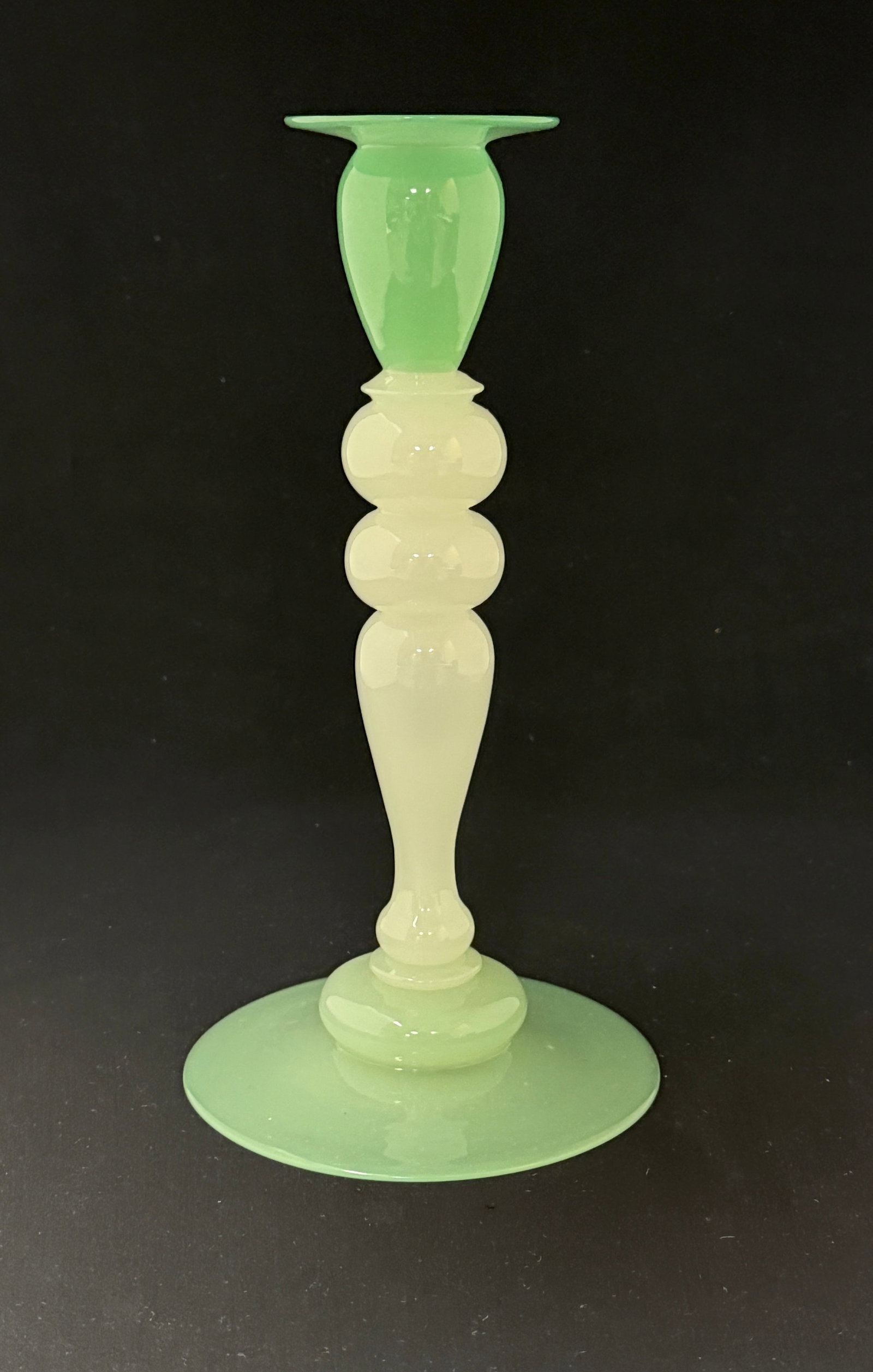 Steuben Jade & Opal Candlestick: Steuben candlestick with a balled Calcite standard and a Jade foot and top, 10" ht. CONDITION: no chips, cracks, repairs or material defects found, Jaremos attempts to call any material flaw that