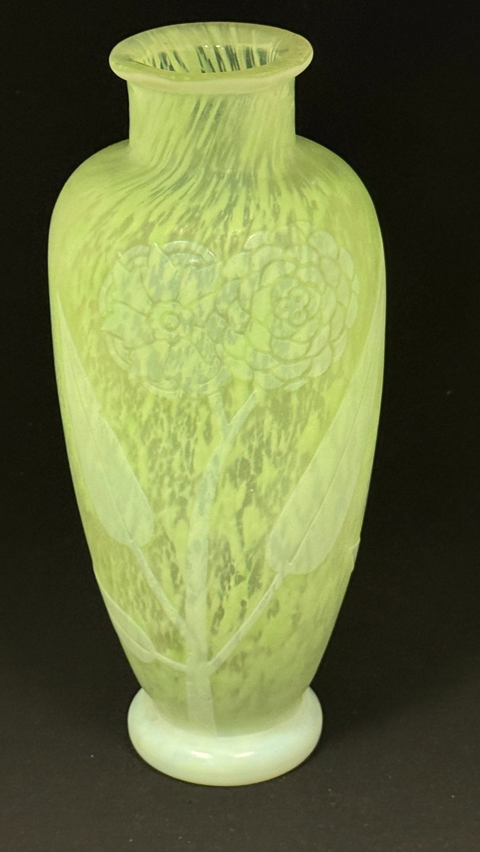 Rare Steuben Cintra ACB Vase: Rare Steuben green Cintra glass vase decorated with an acid cut back deco flower in the Supino pattern, 12" ht. CONDITION: no chips, cracks, repairs or material defects found, Jaremos attempts to