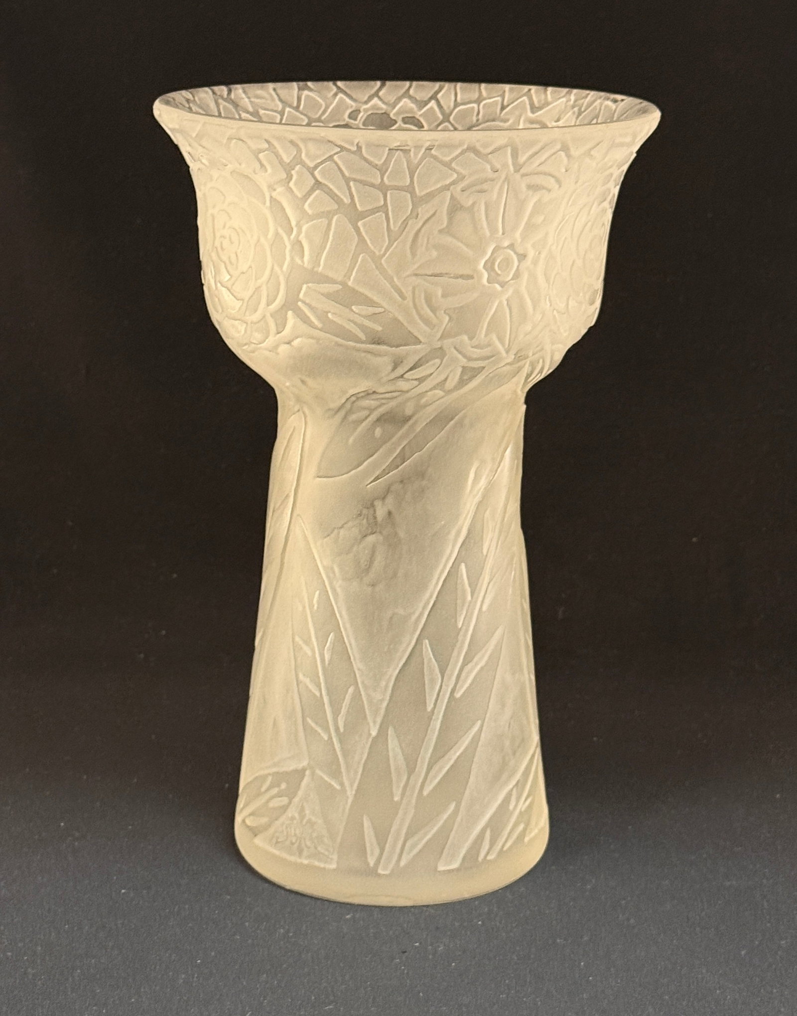 Steuben ACB Vase: Steuben frosted ACB vase with Art Deco mums, signed with fleur d' lis on lower edge of vase; ht. 9 3/4". CONDITION: no chips, cracks, repairs, or material defects found, Jaremos attempts to call any
