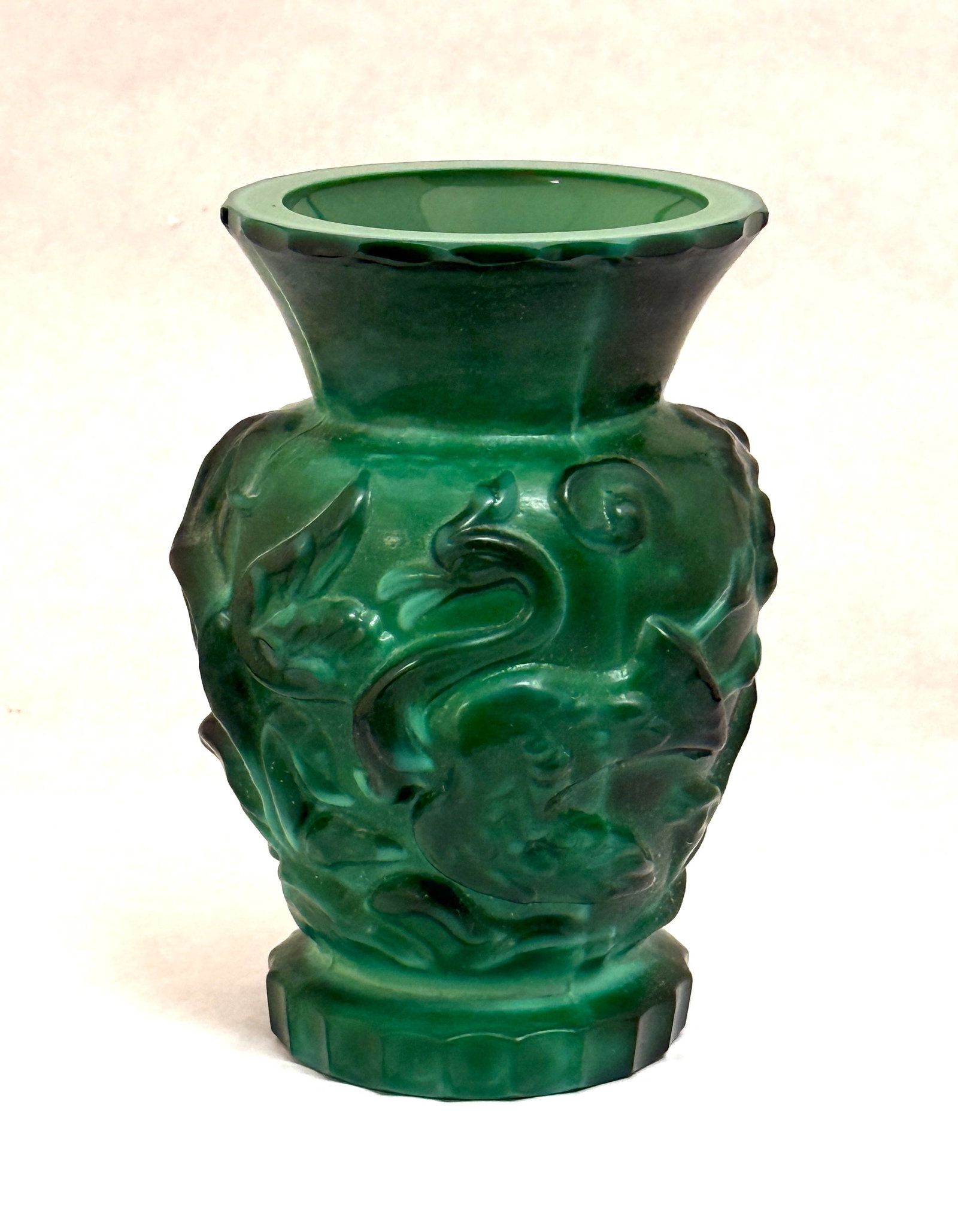 Czech Malachite Vase: Czech Malachite vase with ram and bird relief pattern; ht. 6 1/8". CONDITION: no chips, cracks, repairs, or material defects found, Jaremos attempts to call any material flaw that affects the price, b