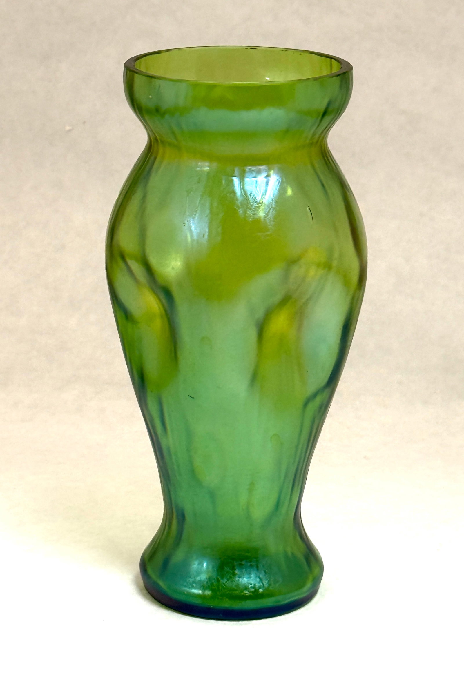 Loetz Oil Finish Vase: Loetz oil finish pinch sided vase; ht. 7 1/4". CONDITION: no chips, cracks, repairs, or material defects found, Jaremos attempts to call any material flaw that affects the price, but minor scratches