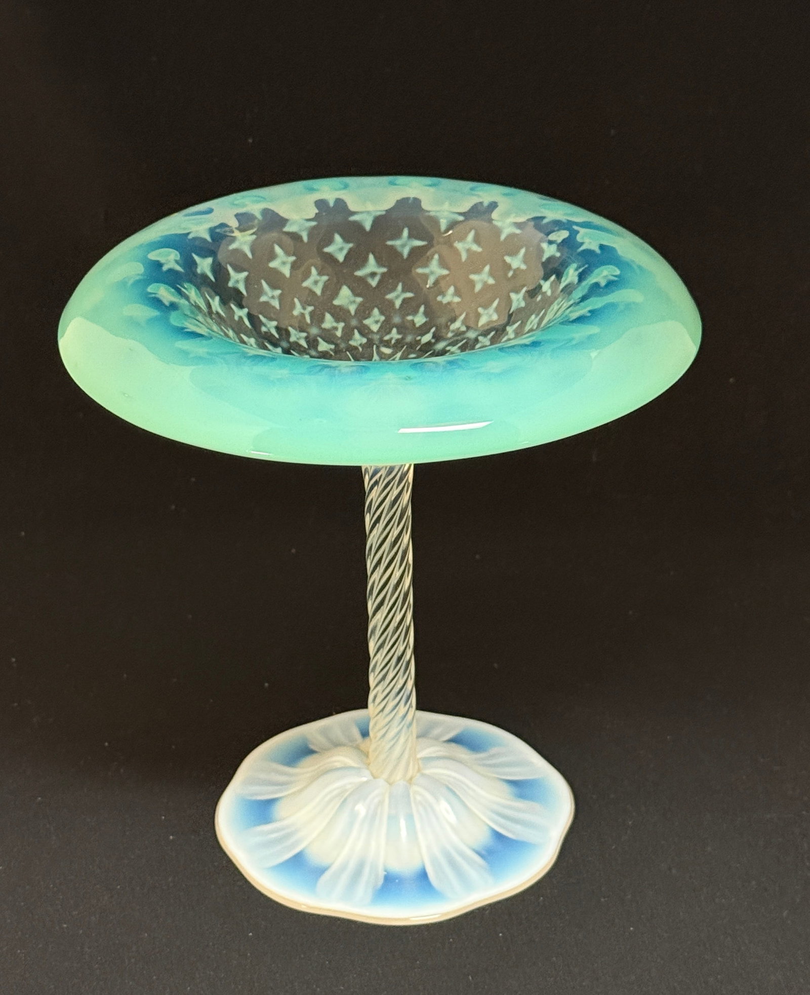 Tiffany Pastel Tazza Compote: Tiffany green pastel tazza compote, signed 1840 LCT Favrile with partial paper label; ht. 7 5/8". CONDITION: no chips, cracks, repairs, or material defects found, Jaremos attempts to call any