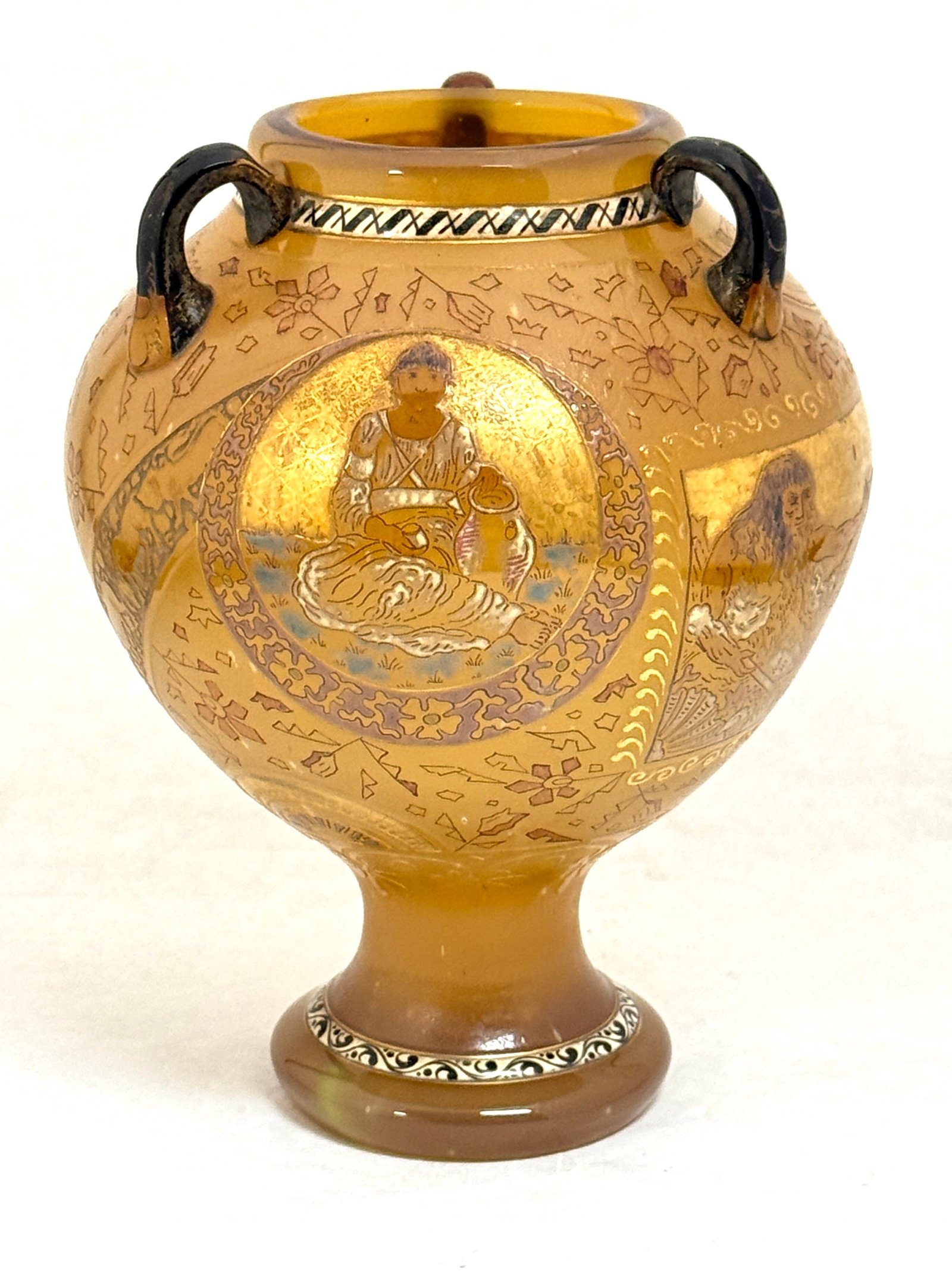 Burgen Schverer Vase: Veererie D'Art De Lorraine Burgen Schverer glass vase, bulbous form with 3 side handles, Romanesque panels, taken from Crane's drawing in Echos of Hellas; signed with intricate thistle and cross; 7