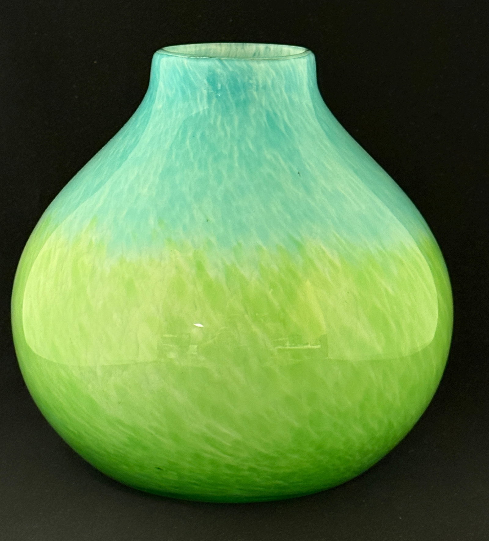 Scottish Art Glass Vase: Scottish art glass vase in large pillow form green shading to robin egg blue, attributed to Monart, 9 1/2" ht. CONDITION: no chips, cracks, repairs or material defects found, Jaremos attempts to call 