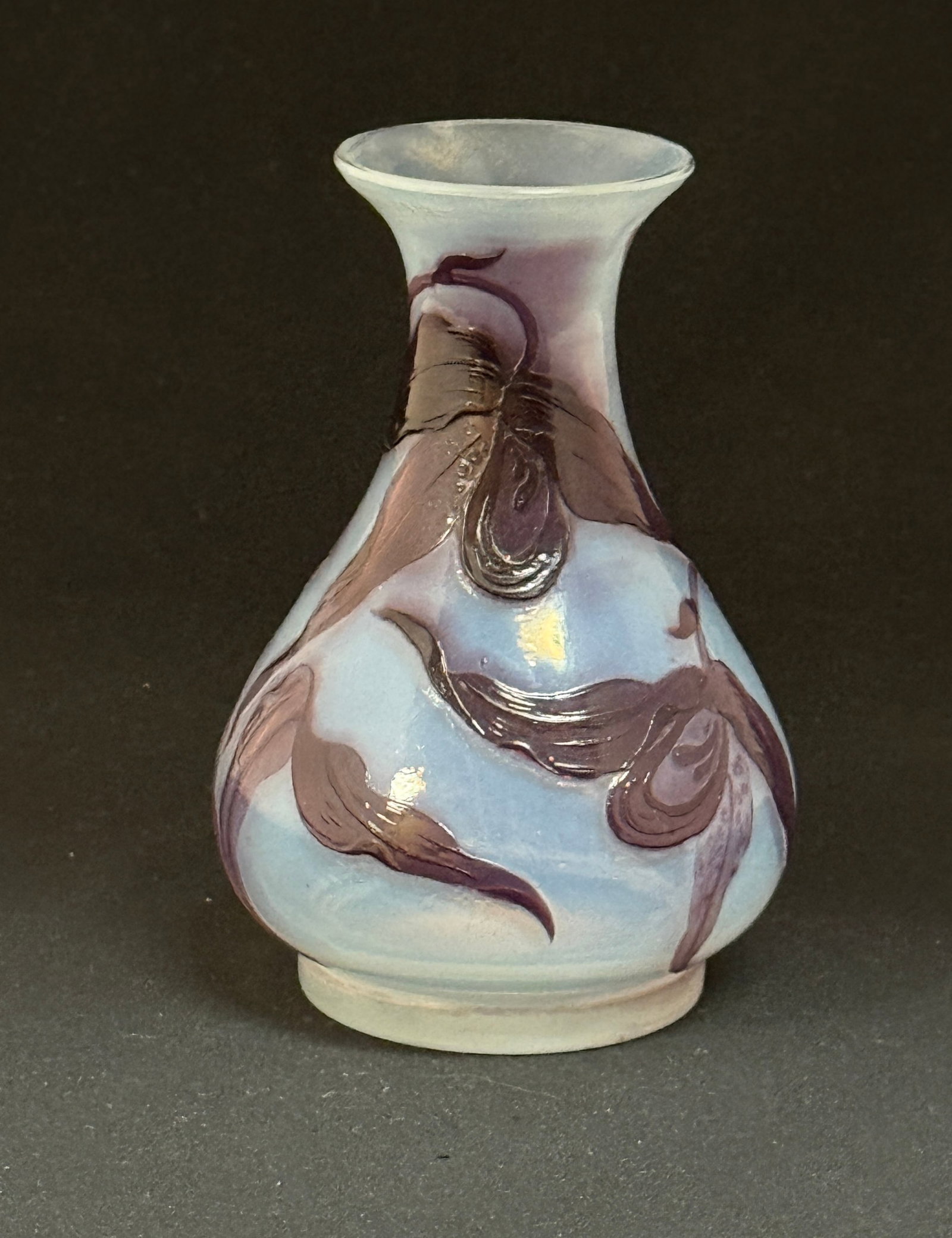 Muller Fres French Cameo Vase: Muller French cameo glass vase with purple leaves and orchids set on an opalescent ground, signed Muller Fres, 5 1/4" ht. CONDITION: no chips, cracks, repairs or material defects found, Jaremos attemp