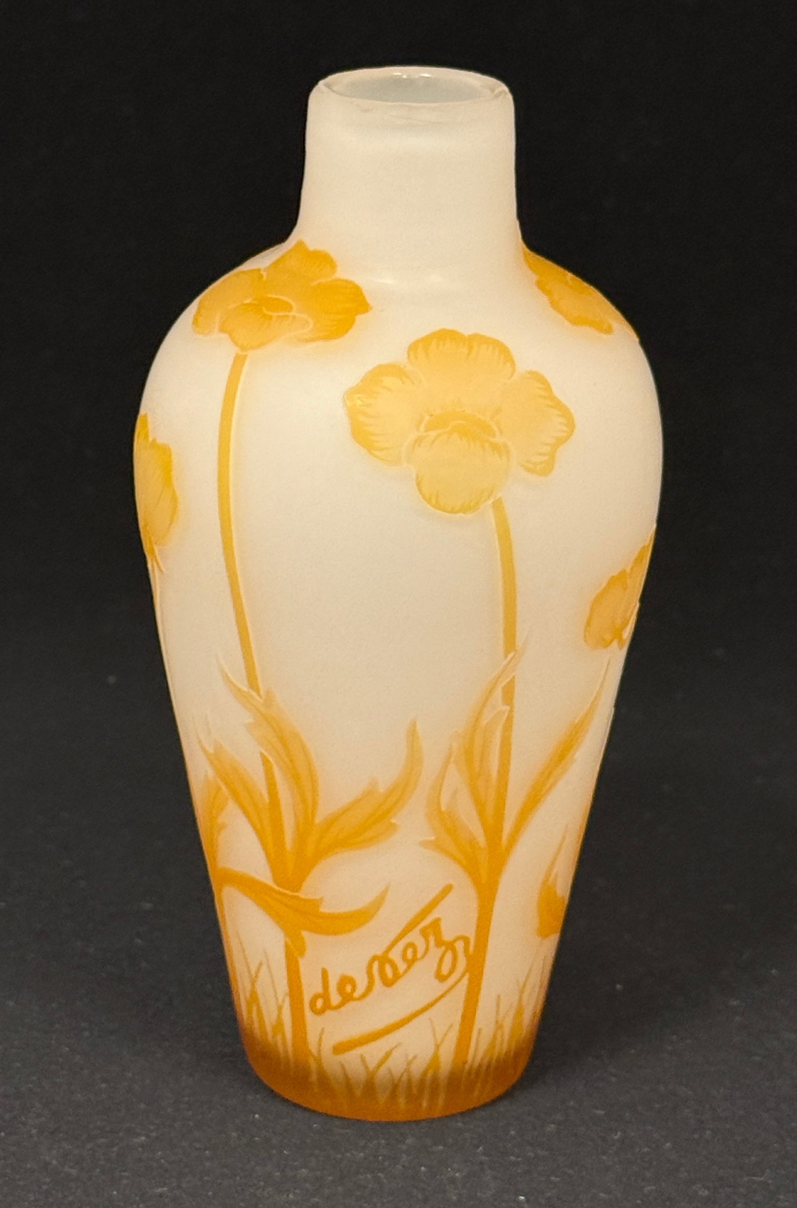 Devez French Cameo Glass Vase: Devez French cameo glass vase shouldered form in white decorated with stemmed orange flowers signed in cameo Devez, 6 1/4" ht. CONDITION: no chips, cracks, repairs or material defects found, Jaremos