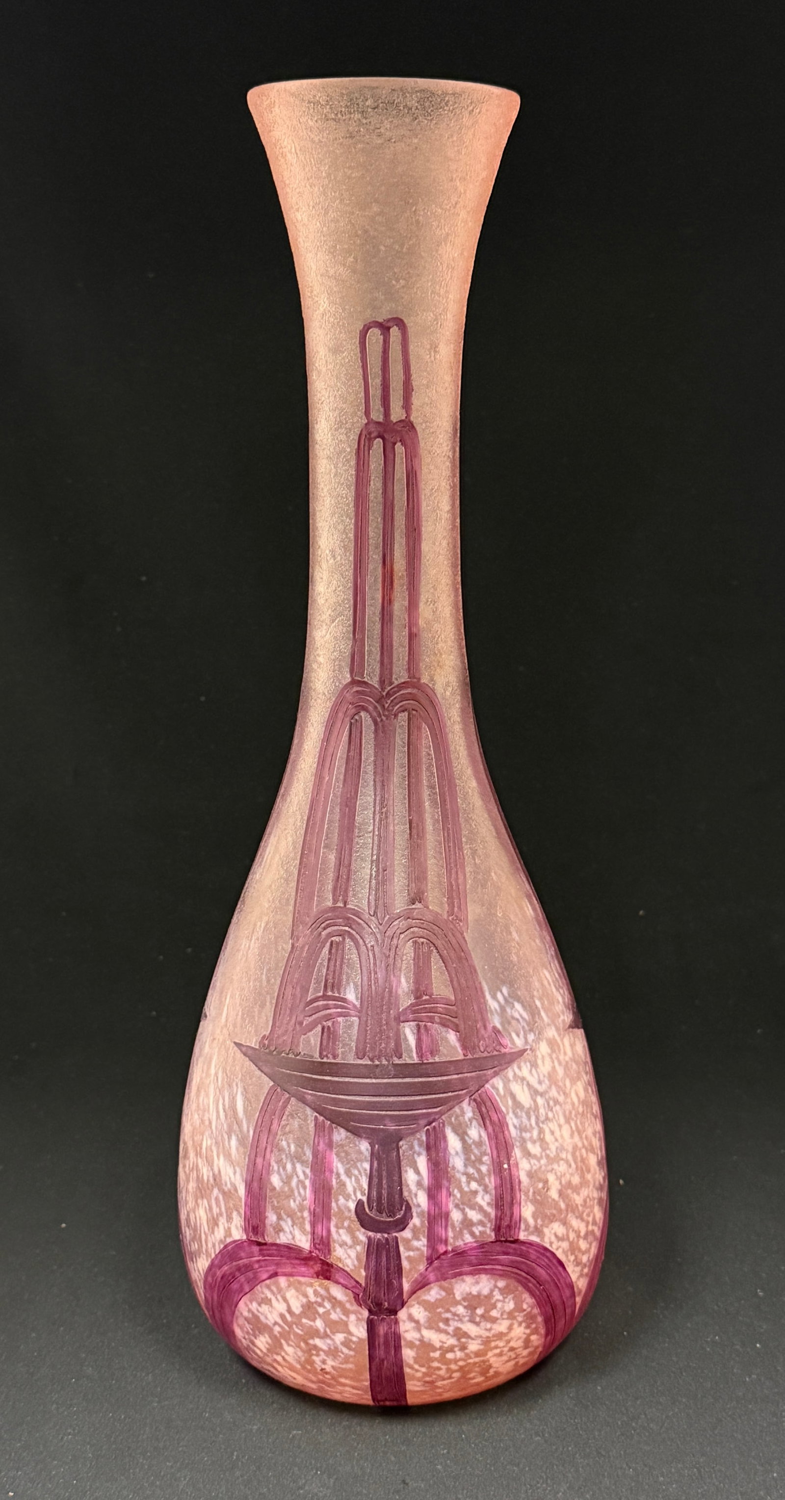 Legras Cameo Glass Vase: Legras pink cameo glass vase with geometric design, cameo signed Legras; ht. 15". CONDITION: no chips, cracks, repairs or material defects found, Jaremos attempts to call any material flaw that affect