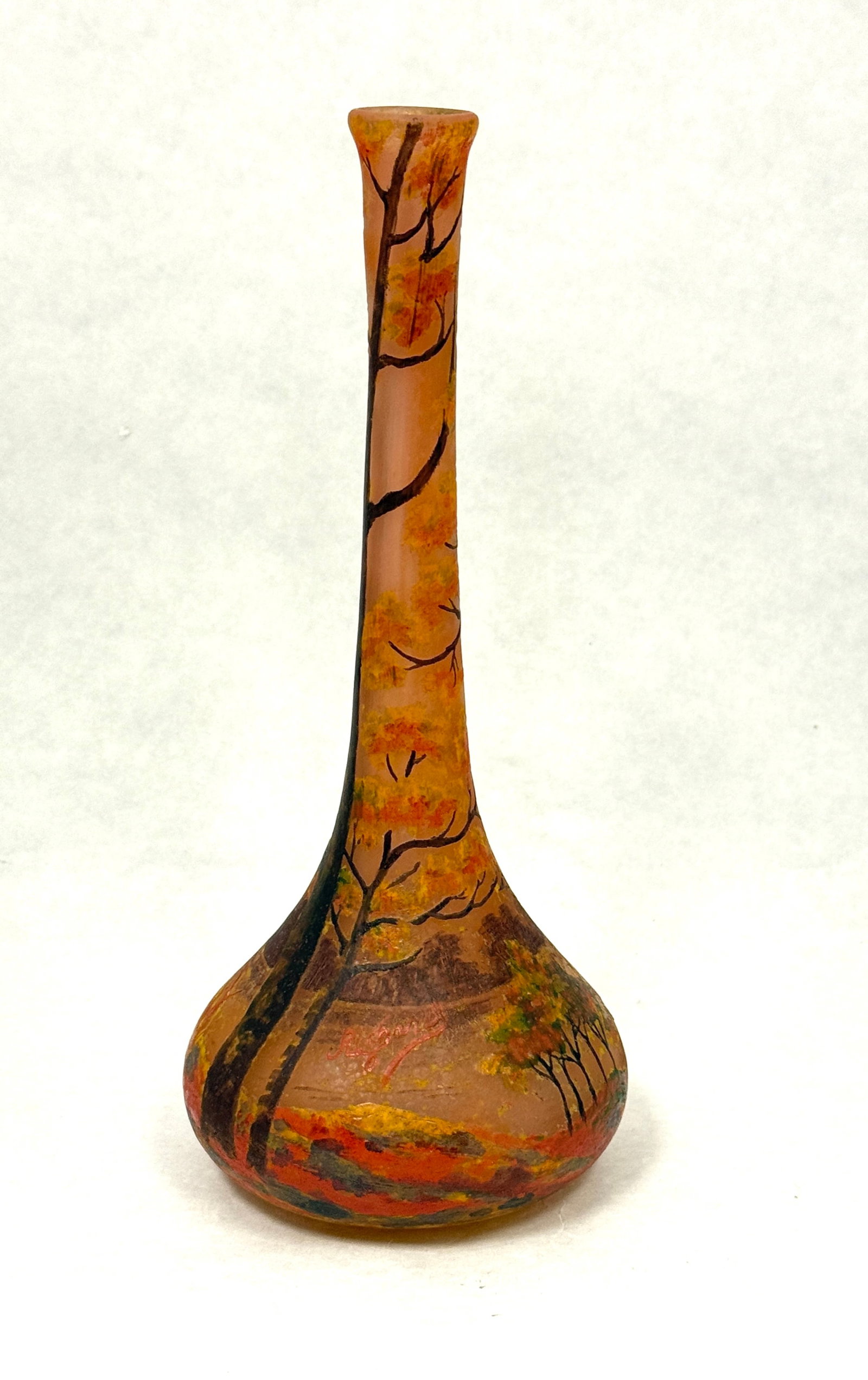 Rare Richard Scenic Cameo Vase: Very rare Richard scenic cameo vase bulbous stick form fall lake scene of tall colorful trees, signed in cameo Richard, 9" ht. CONDITION: no chips, cracks, repairs or material defects found, Jaremos