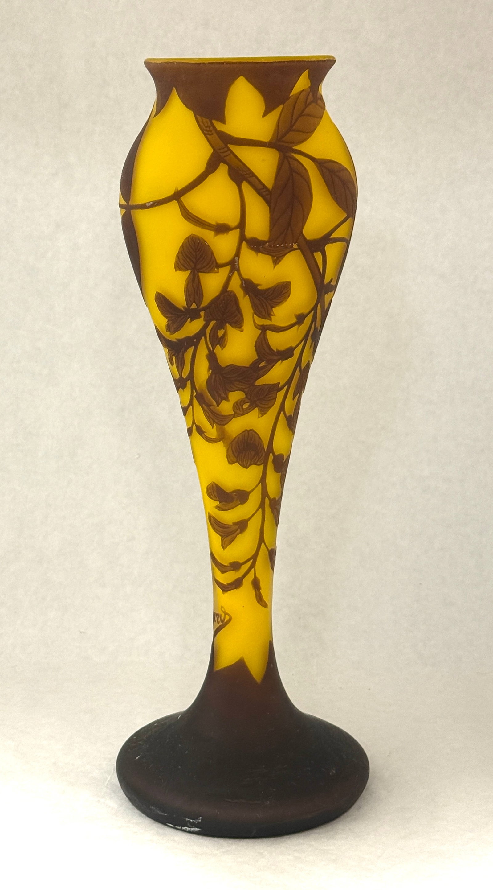 Richard Yellow Cameo Vase: Richard corset form yellow cameo vase decorated with cascading Wisteria, signed in cameo Richard, 14" ht. CONDITION: no chips, cracks, repairs or material defects found, Jaremos attempts to call any