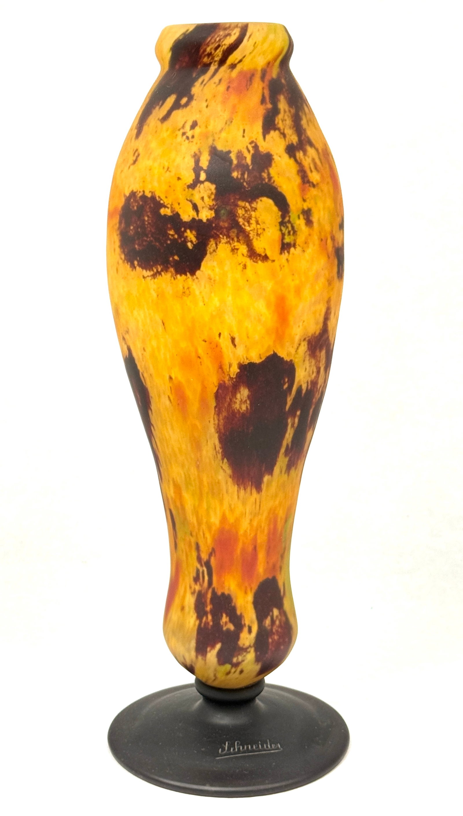 Schneider Mottled Glass Vase: Schneider mottled glass vase in brown and yellow with splashes of rose, signed Schneider, 14 1/2" ht. CONDITION: no chips, cracks, repairs or material defects found, Jaremos attempts to call any
