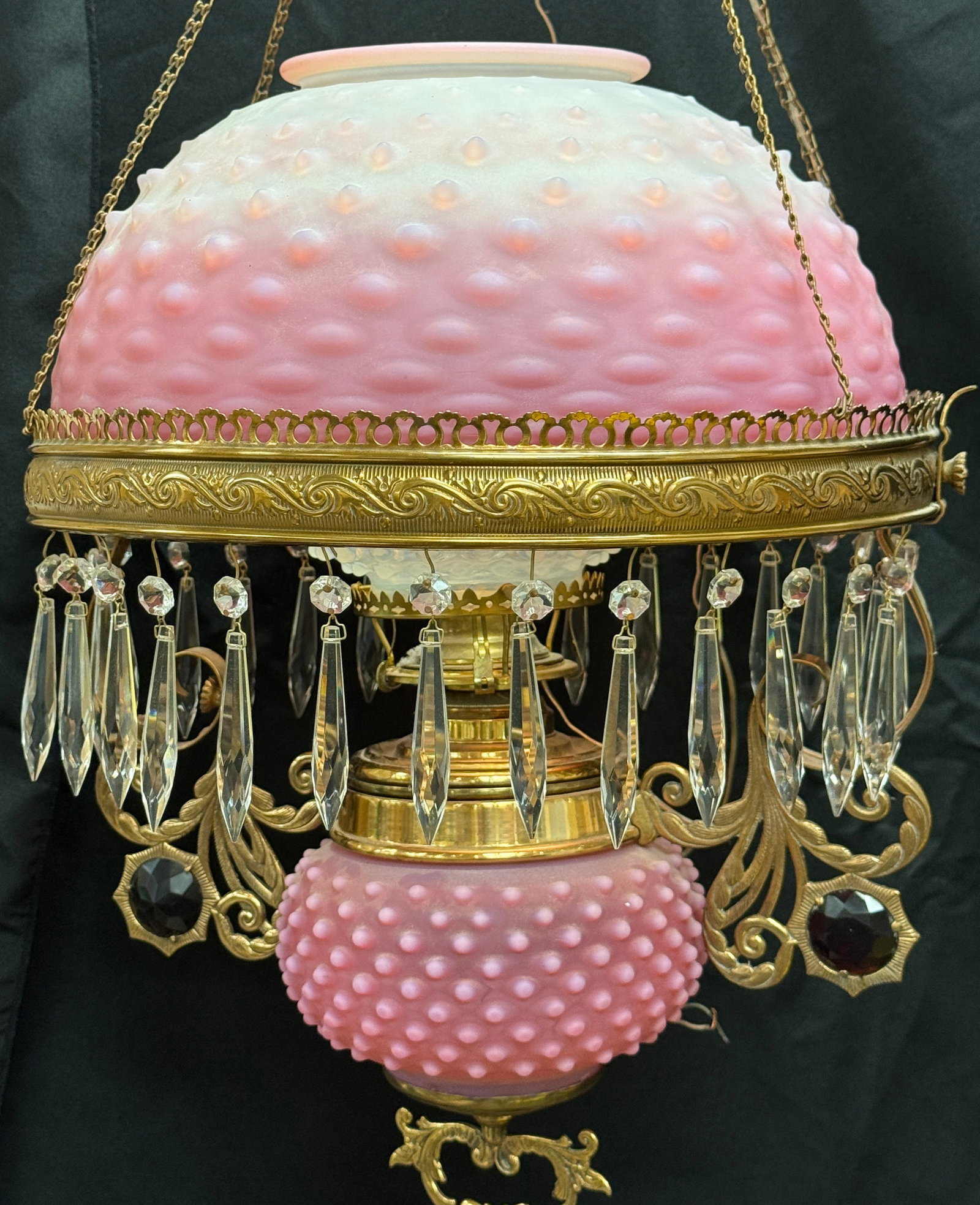 Important Hobnail chandelier: Hobbs pink satin hanging chandelier in the hobnail pattern with hanging prisms in a Peachblow finish, not counting the chain 13 1/2" wide by 20" ht. CONDITION: no chips, cracks, repairs or material