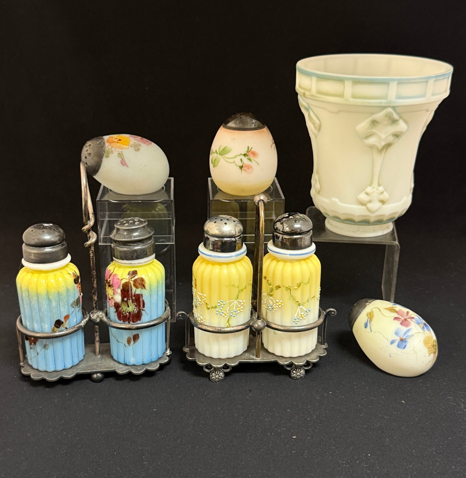 Group of Mt. Washington Items: Group of Mt Washington items including two ribbed pillar shaker sets with enameled flowers, three egg shakers and a Victorian opal shade, shade 5 1/4" ht. CONDITION: no chips, cracks, repairs, or