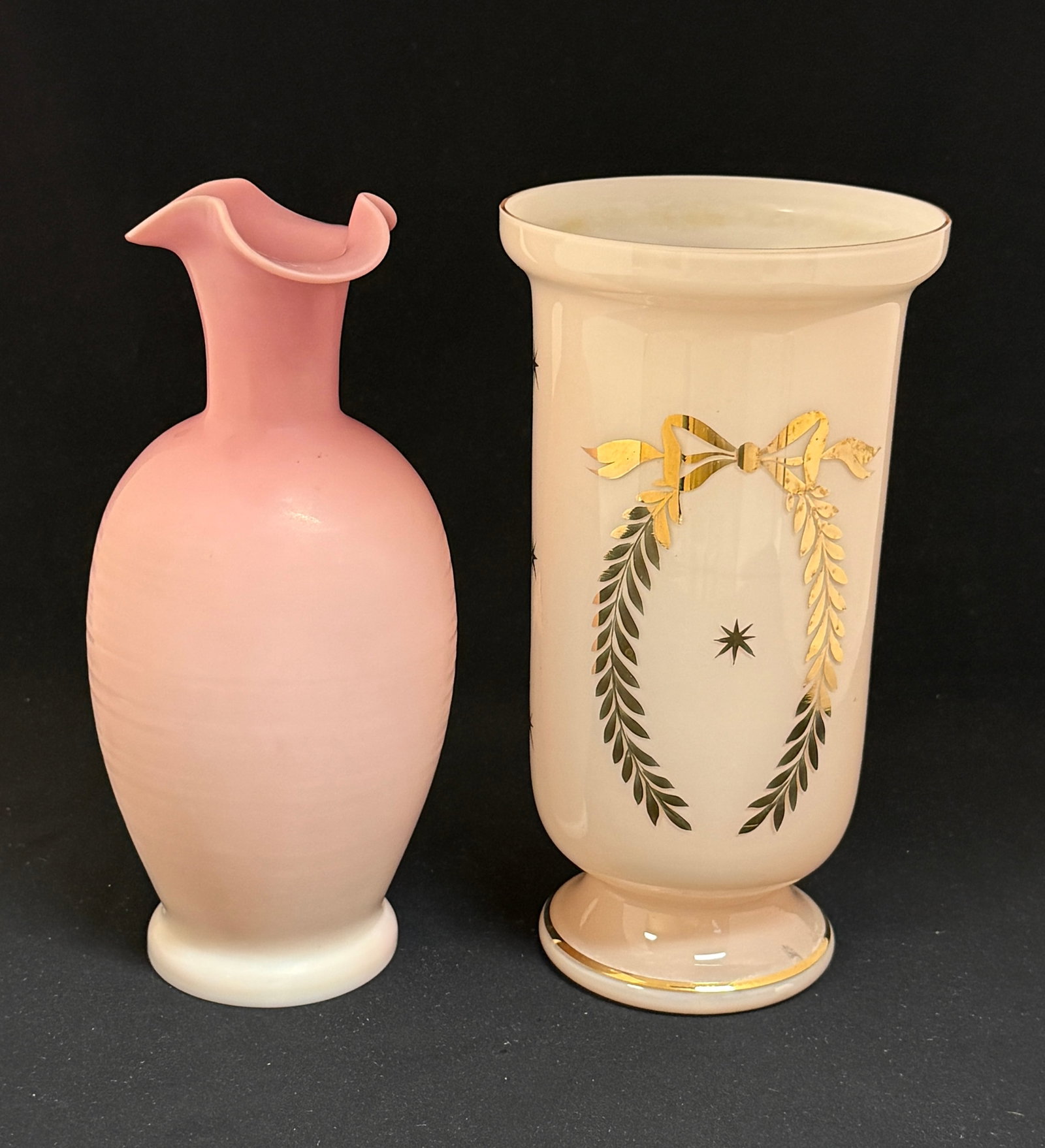 2 European Glass Vases: 2 European glass vases including a Victorian peachblow tri fold rim vase with a signed Czech pink cylindrical vase with gold enameling; ht. of tallest ht. 8 1/2". CONDITION: no chips, cracks, repairs