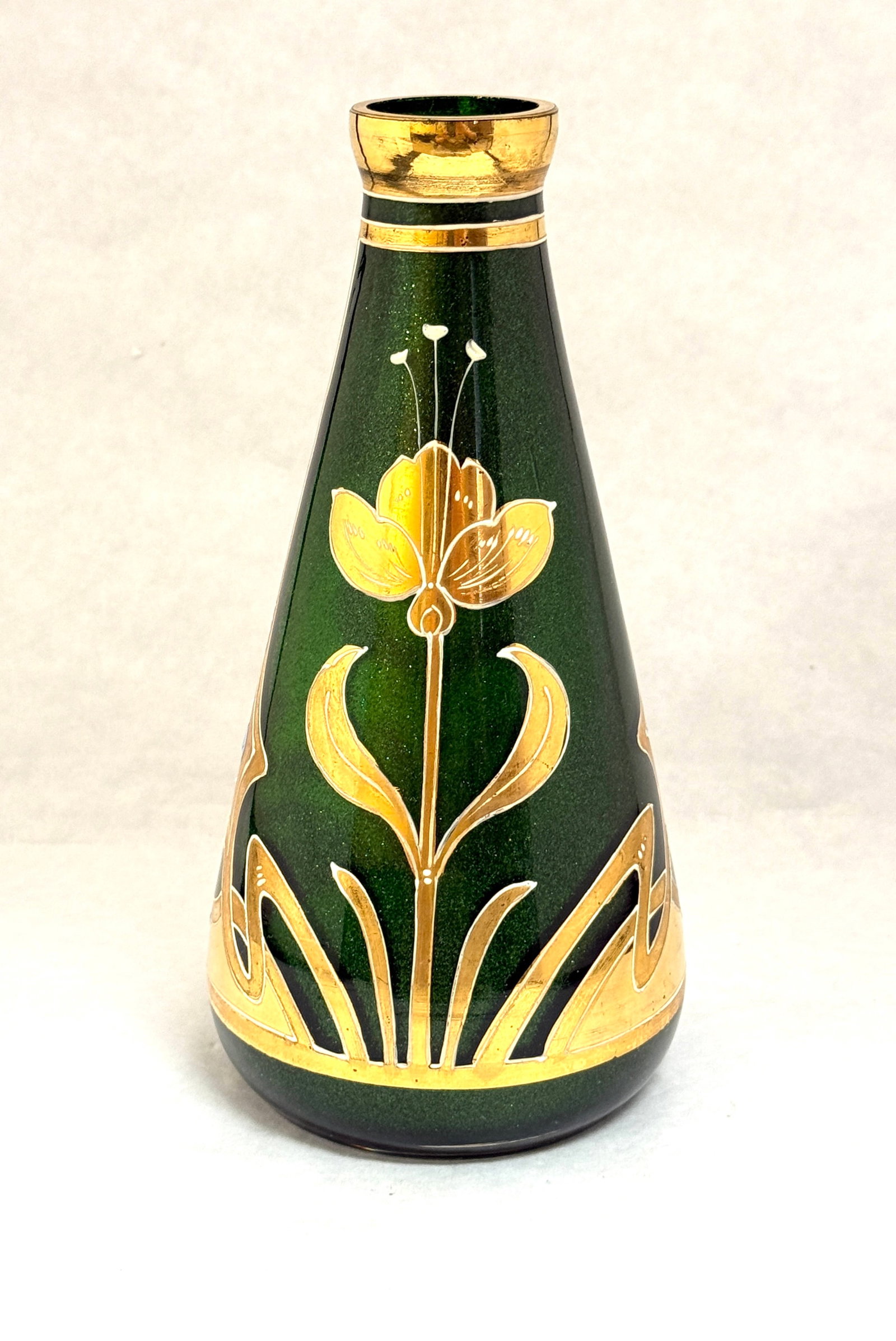 Bohemian Green Aventurine Vase: Bohemian green aventurine vase with gold enameling; ht. 8 1/4". CONDITION: no chips, cracks, repairs or material defects found, Jaremos attempts to call any material flaw that affects the price, but