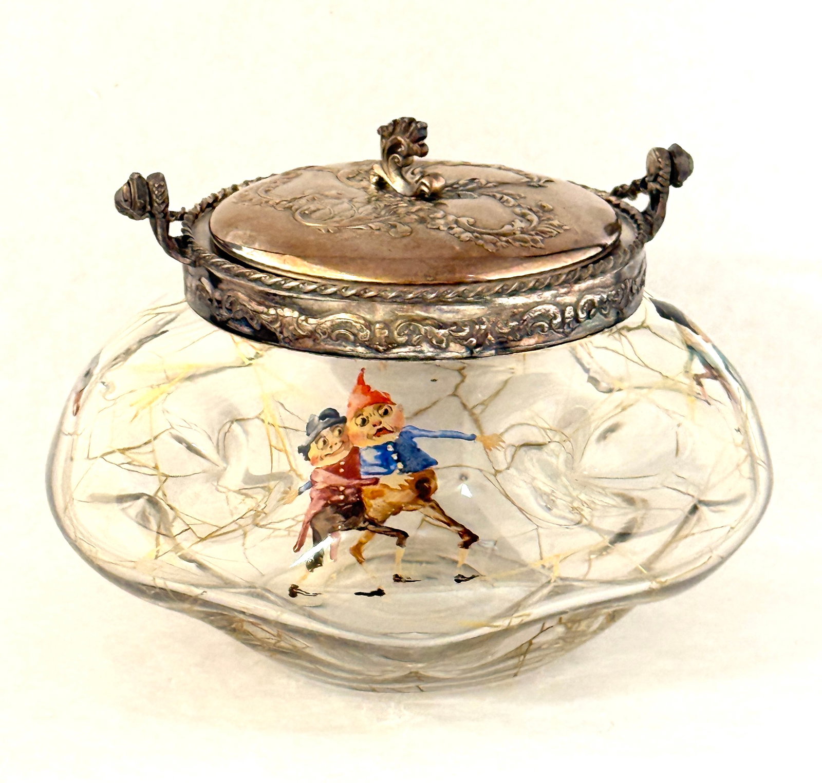Palmer Cox Brownie Biscuit Jar: Rare Mt. Washington Palmer Cox Brownie biscuit jar with a policeman chasing nefarious scoundrels and a duck looking on, signed Napoli, 8" ht. CONDITION: no chips, cracks, repairs or material defects f