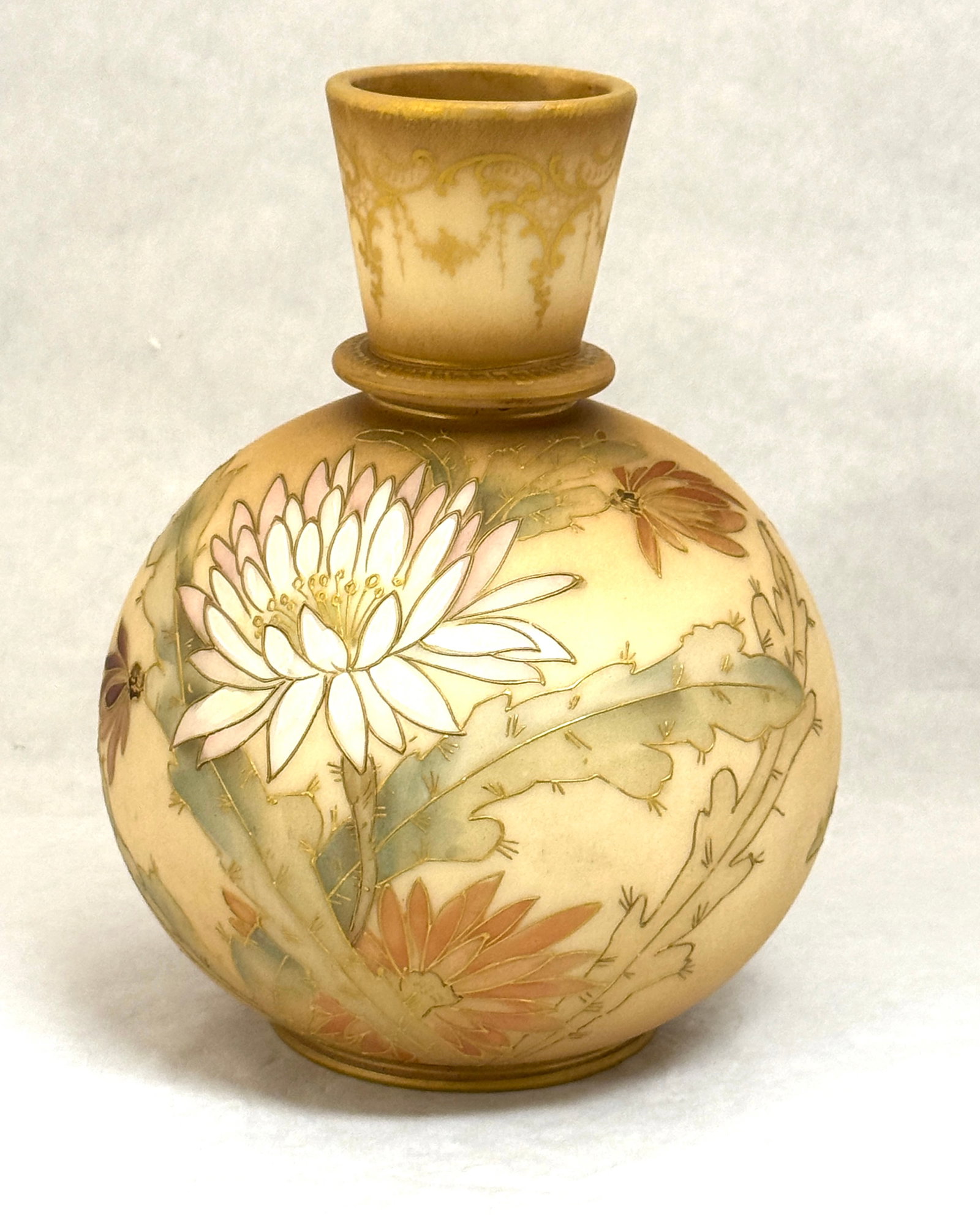 Mt. Washington Crown Milano: Mt. Washington Crown Milano glass vase, ovoid form with a ring neck and a flaring top decorated with stemmed leafy flowers, marked with the CM factory stamp, 8 3/4" ht. CONDITION: no chips, cracks,