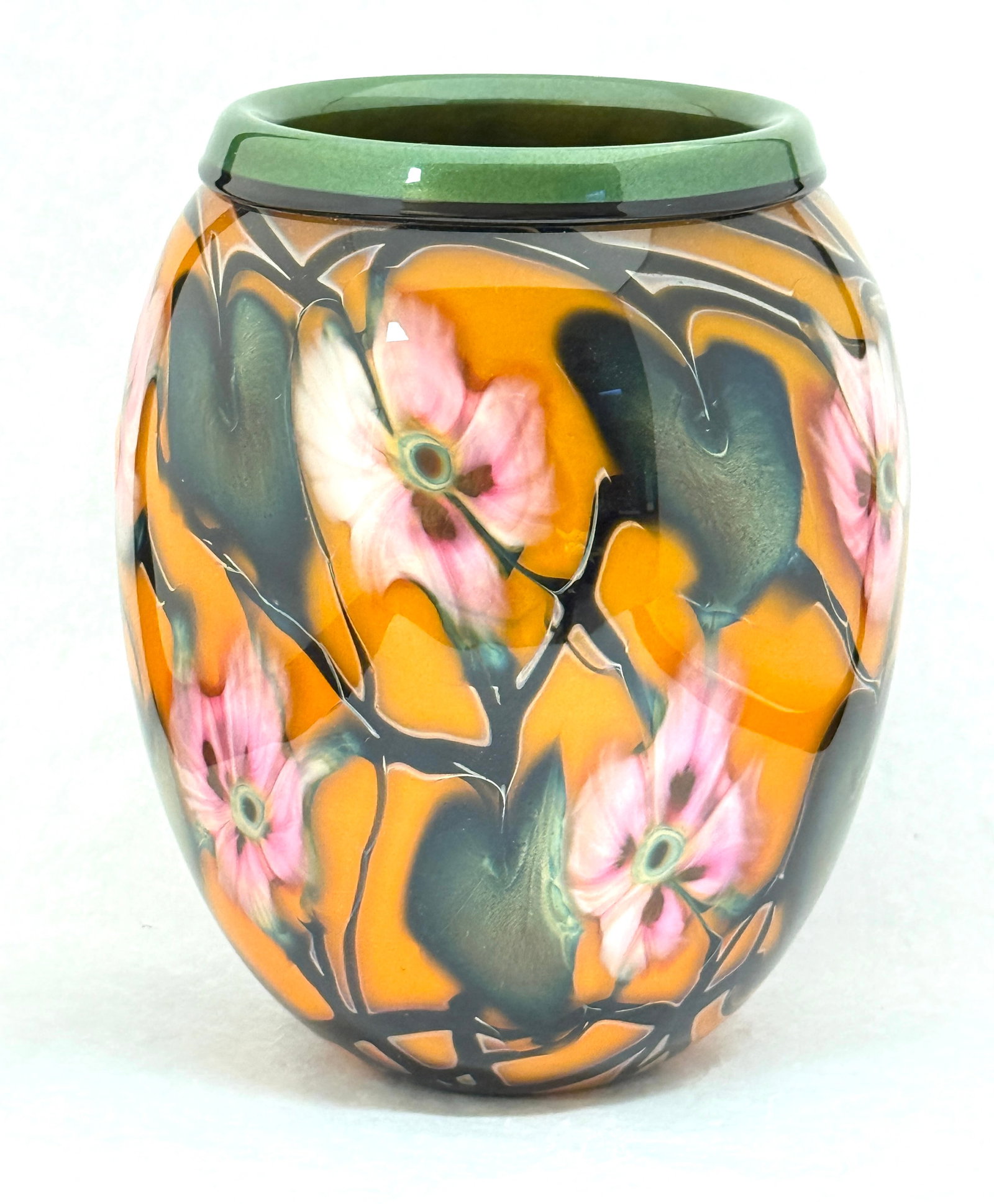 Charles Lotton Mult-flora Vase: Charles Lotton orange multi-flora vase, signed Charles Lotton 2002; ht. 9 3/4". CONDITION: no chips, cracks, repairs or material defects found, Jaremos attempts to call any material flaw that affects