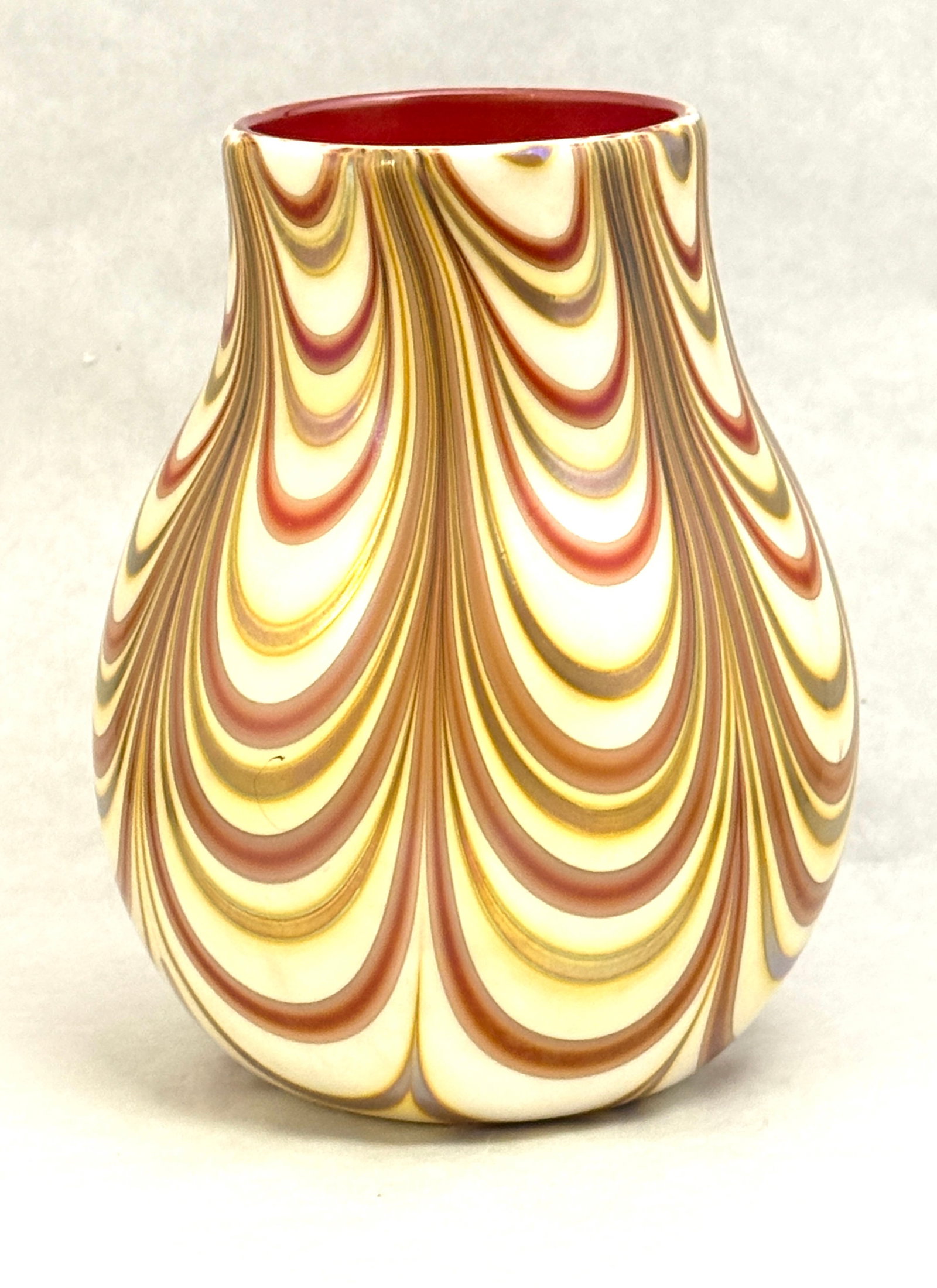 Charles Lotton Drag Loop Vase: Charles Lotton opal glass vase decorated with red and gold drag loops, signed Lotton 1973, 7 3/4" ht. NOTE: Collection of Joan Allen Walker, an early collector of Lotton Glass and purchased items