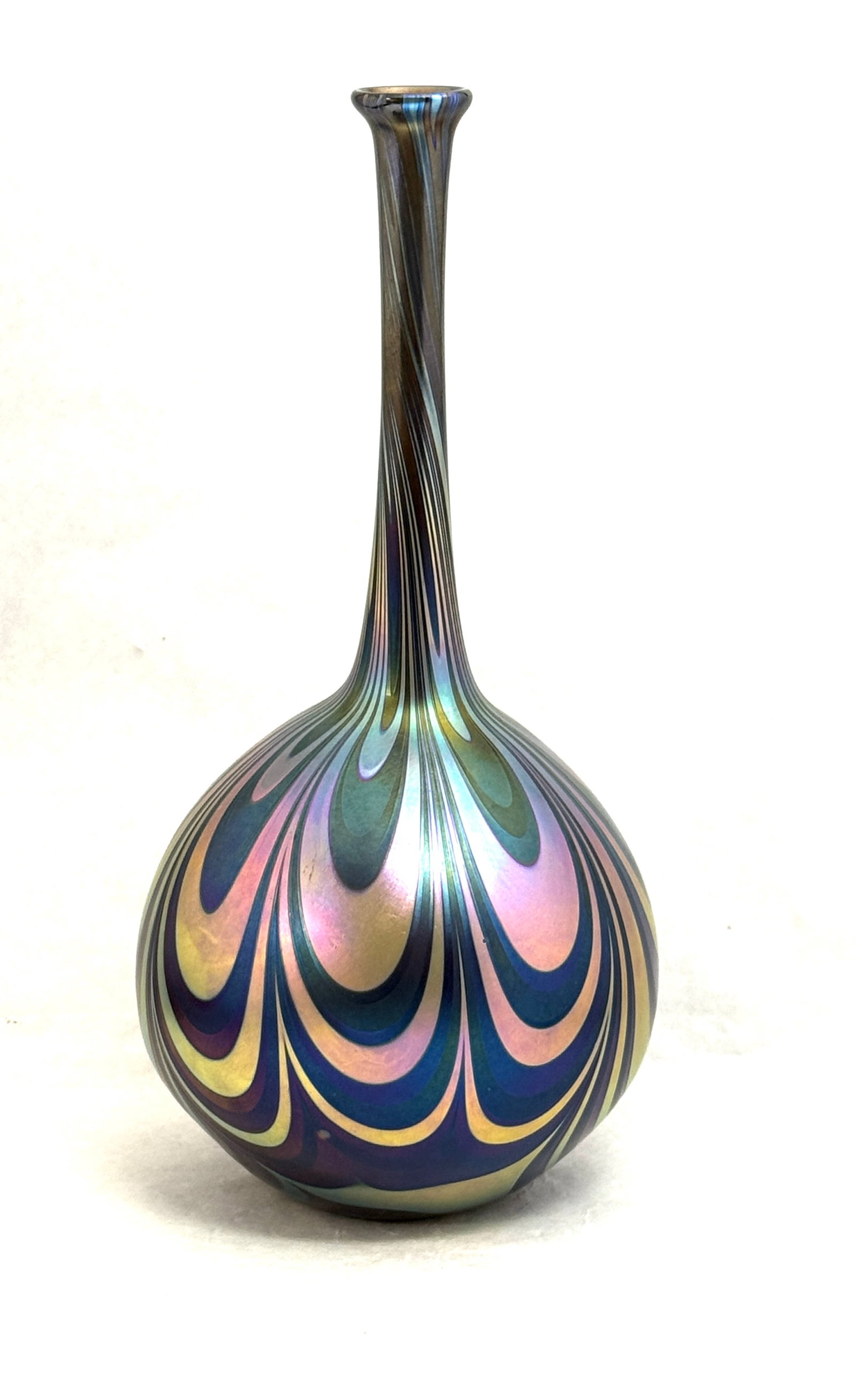 Charles Lotton Bulbous Stick Vase: Well executed early Charles Lotton bulbous stick vase in iridescent purple decorated with gold loops, signed Lotton 1974, 11 1/2" ht. NOTE: Collection of Joan Allen Walker, an early collector of Lotto