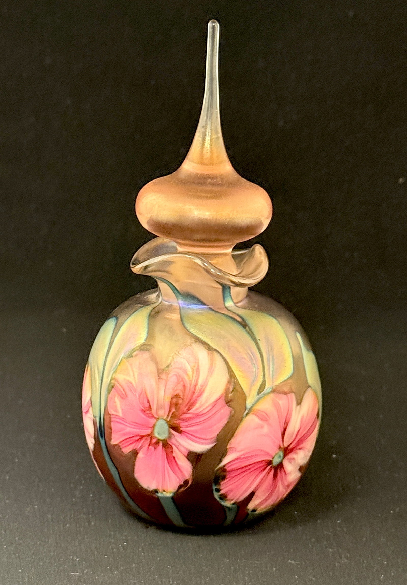 Charles Lotton Peach Perfume: Charles Lotton peach translucent perfume decorated with red multi flora, signed Charles Lotton 1984, 6 1/2" ht. CONDITION: no chips, cracks, repairs, or material defects found, Jaremos attempts to