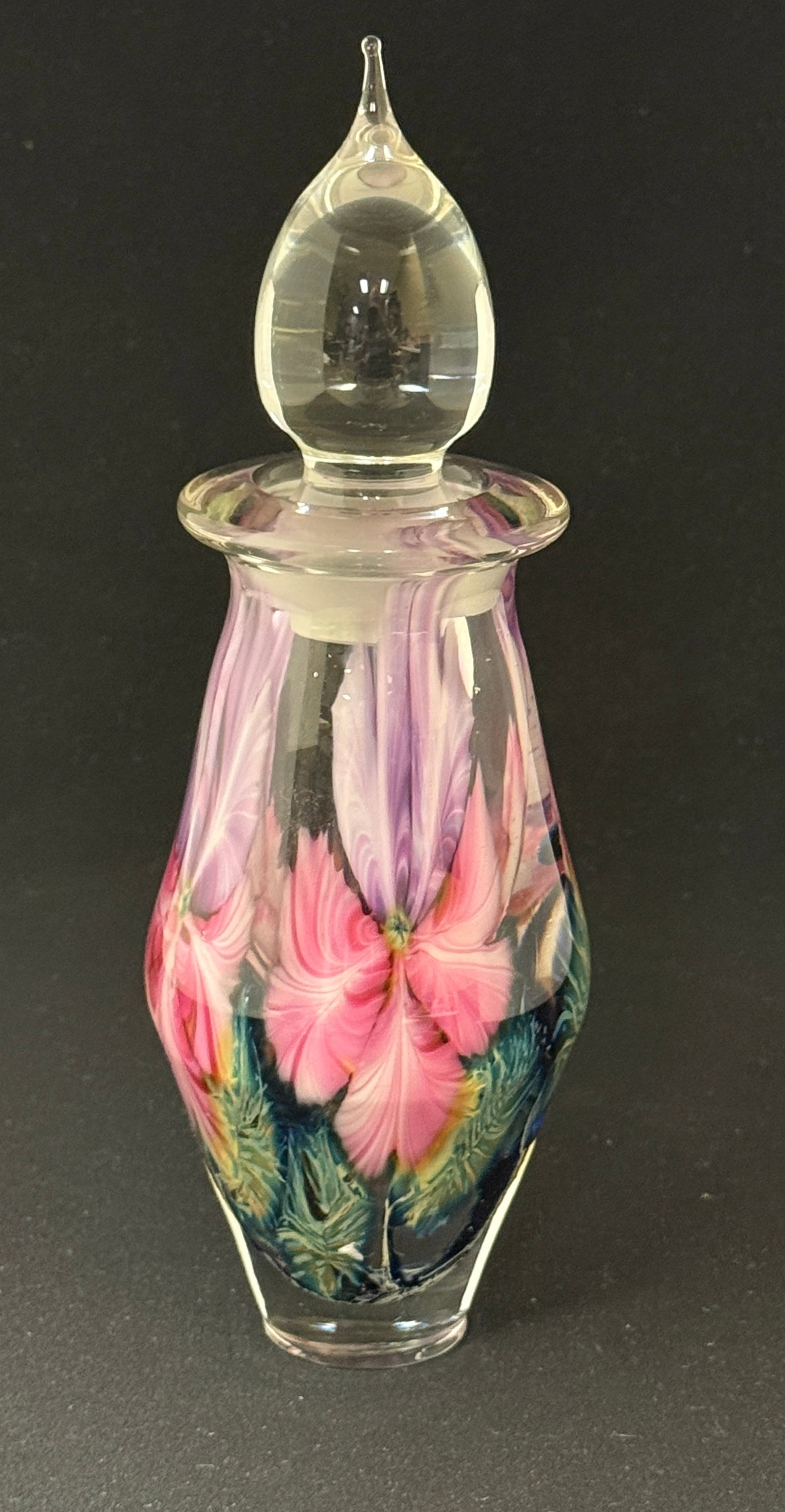 David Lotton Elongated Perfume: David Lotton translucent perfume decorated with pink and purple flowers on green leaves, signed David Lotton 1995, 9" ht. CONDITION: no chips, cracks, repairs, or material defects found, Jaremos