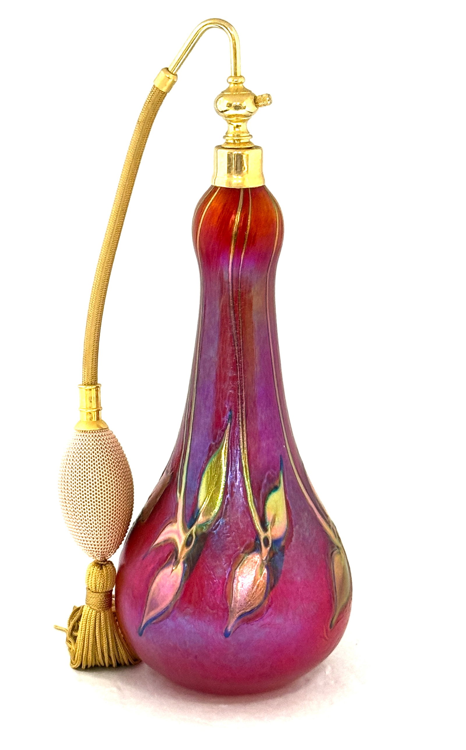 Charles Lotton Red Atomizer: Charles Lotton iridescent red atomizer decorated with cascading iridescent blue leaves, signed Charles Lotton 1993, 11 1/2" ht. PROVENANCE: Humler Nolan. CONDITION: no chips, cracks, repairs, or