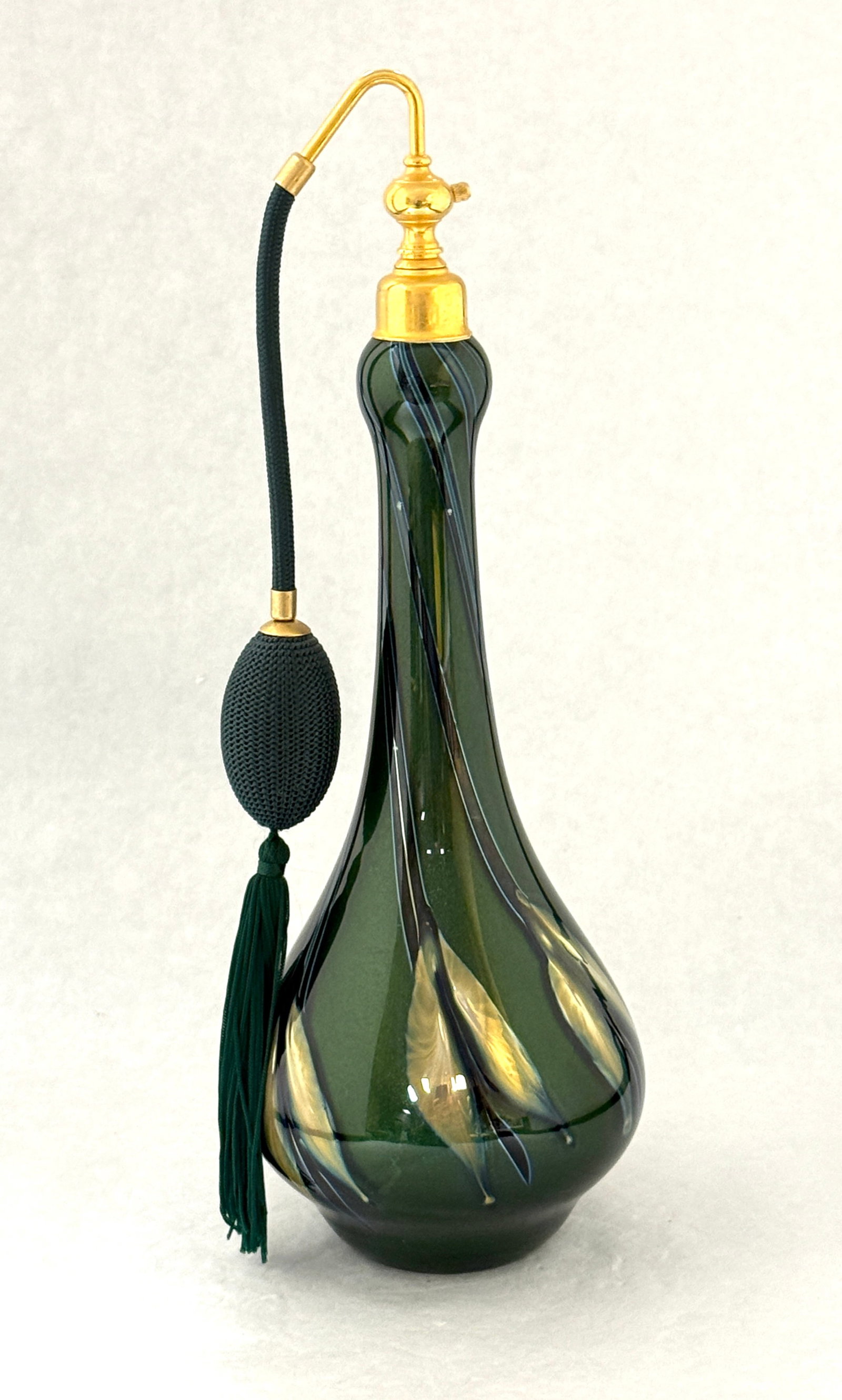 Charles Lotton Atomizer: Charles Lotton green aventurine atomizer decorated with a pink cascading fox leaf design, signed Charles Lotton 1993, 13" ht. CONDITION: no chips, cracks, repairs, or material defects found, Jaremos