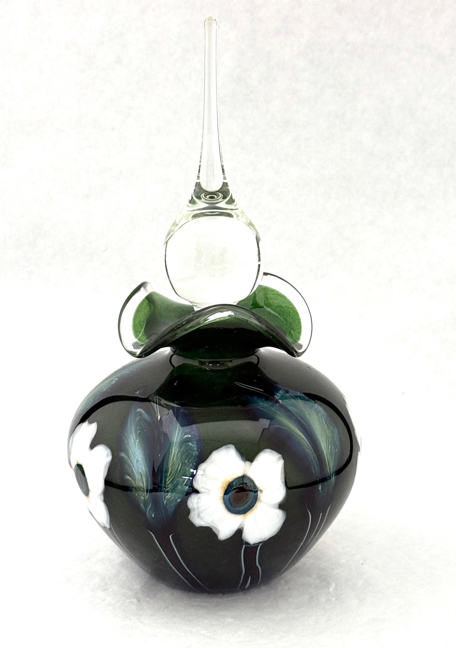 Charles Lotton Perfume: Charles Lotton green aventurine perfume bottle decorated with white flowers and variegated blue leaves, signed Charles Lotton 1996, 11" ht. CONDITION: no chips, cracks, repairs, or material defects