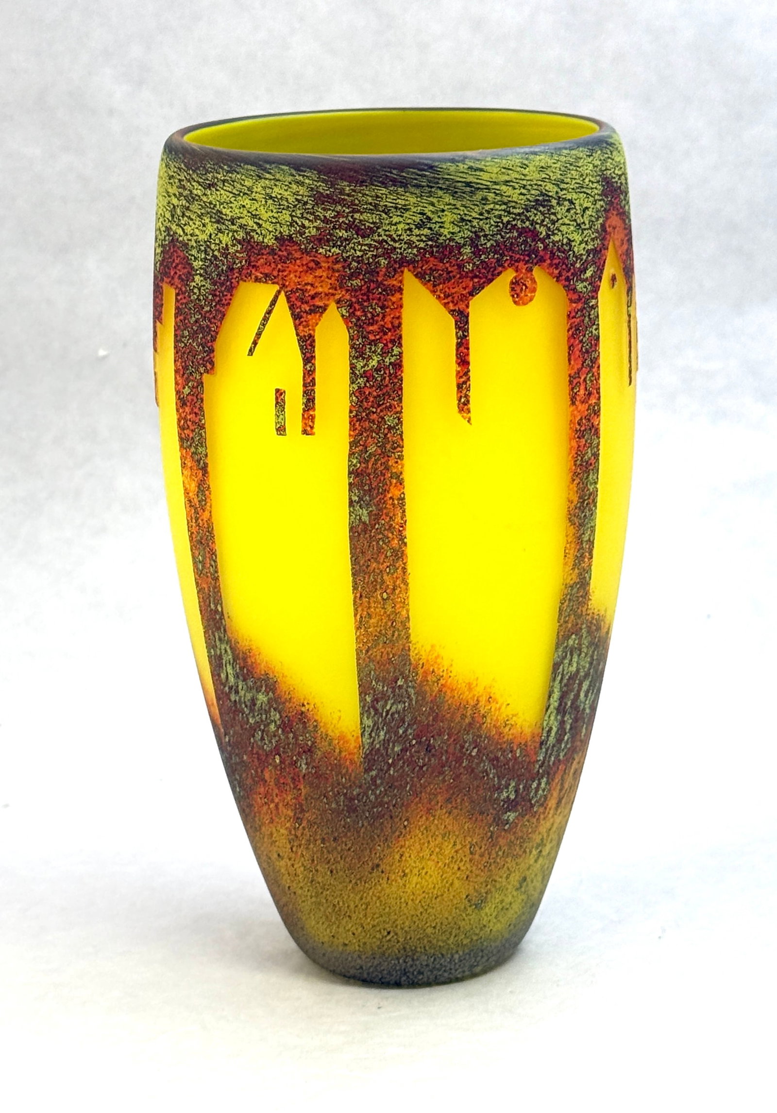 Jose Chardiet Cameo Vase: Jose Chardiet cameo vase in yellow with green and orange with impressed architectural silhouettes, unsigned; ht. 7 7/8". CONDITION: no chips, cracks, repairs, or material defects found, Jaremos attemp