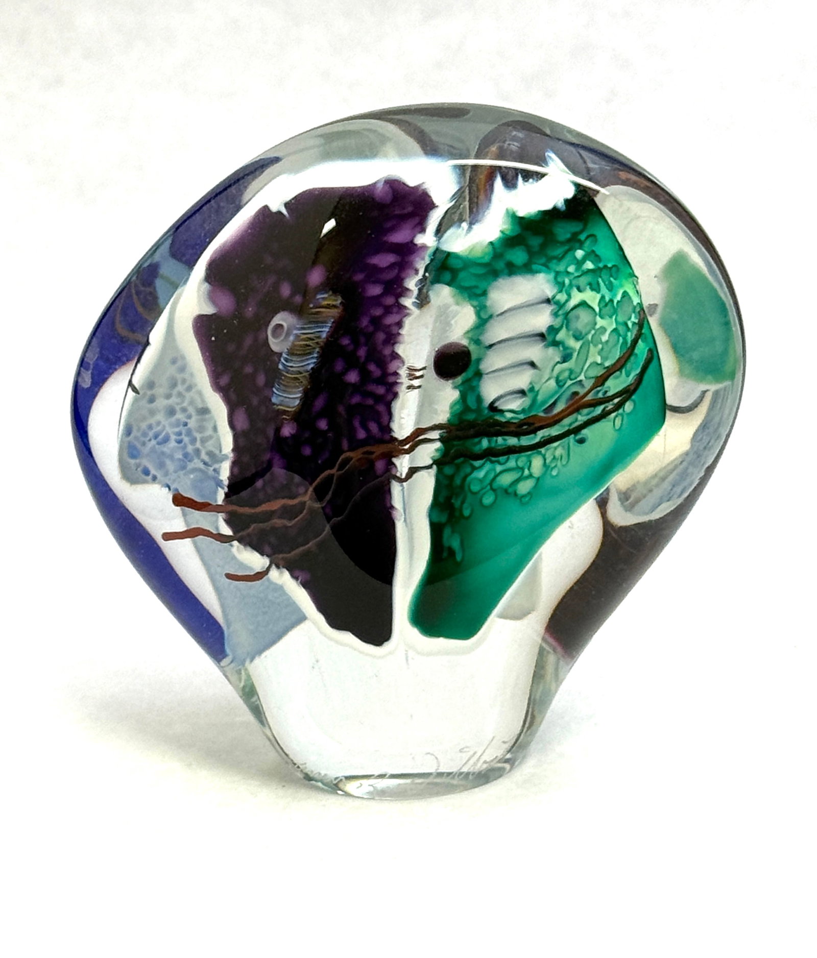 James Wilbat Art Glass Sculpture: James Wilbat small art glass sculpture with colorful geometric internal shards, signed James RW Wilbat 96; ht. 4 3/4". CONDITION: no chips, cracks, repairs, or material defects found, Jaremos
