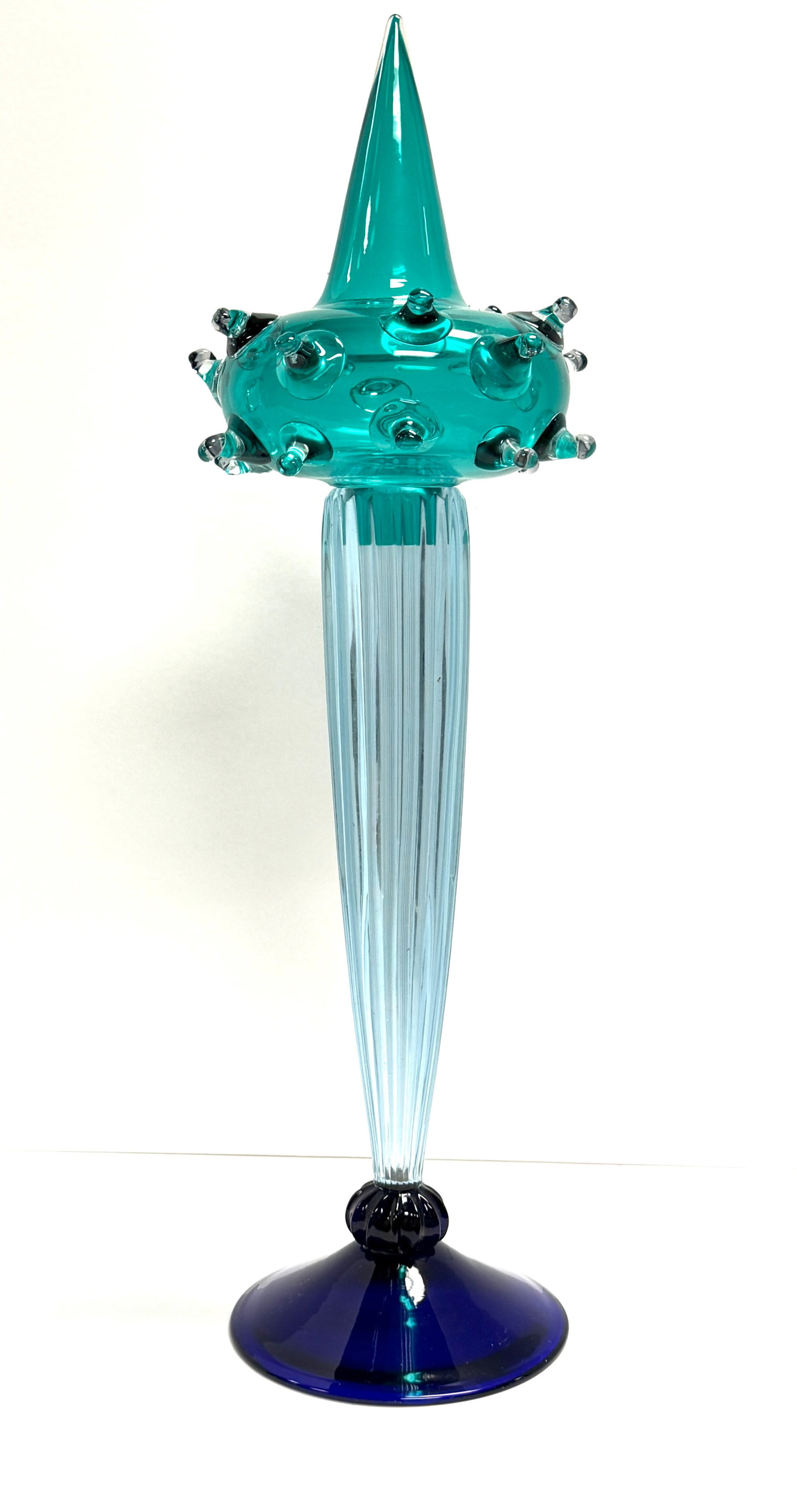 David Palterer Art Glass Sculpture: David Palterer 2 piece art glass sculpture, in shades of blue, signed David Palterer Rifiession 10/99; ht. 27 1/4". CONDITION: no chips, cracks, repairs, or material defects found, Jaremos attempts