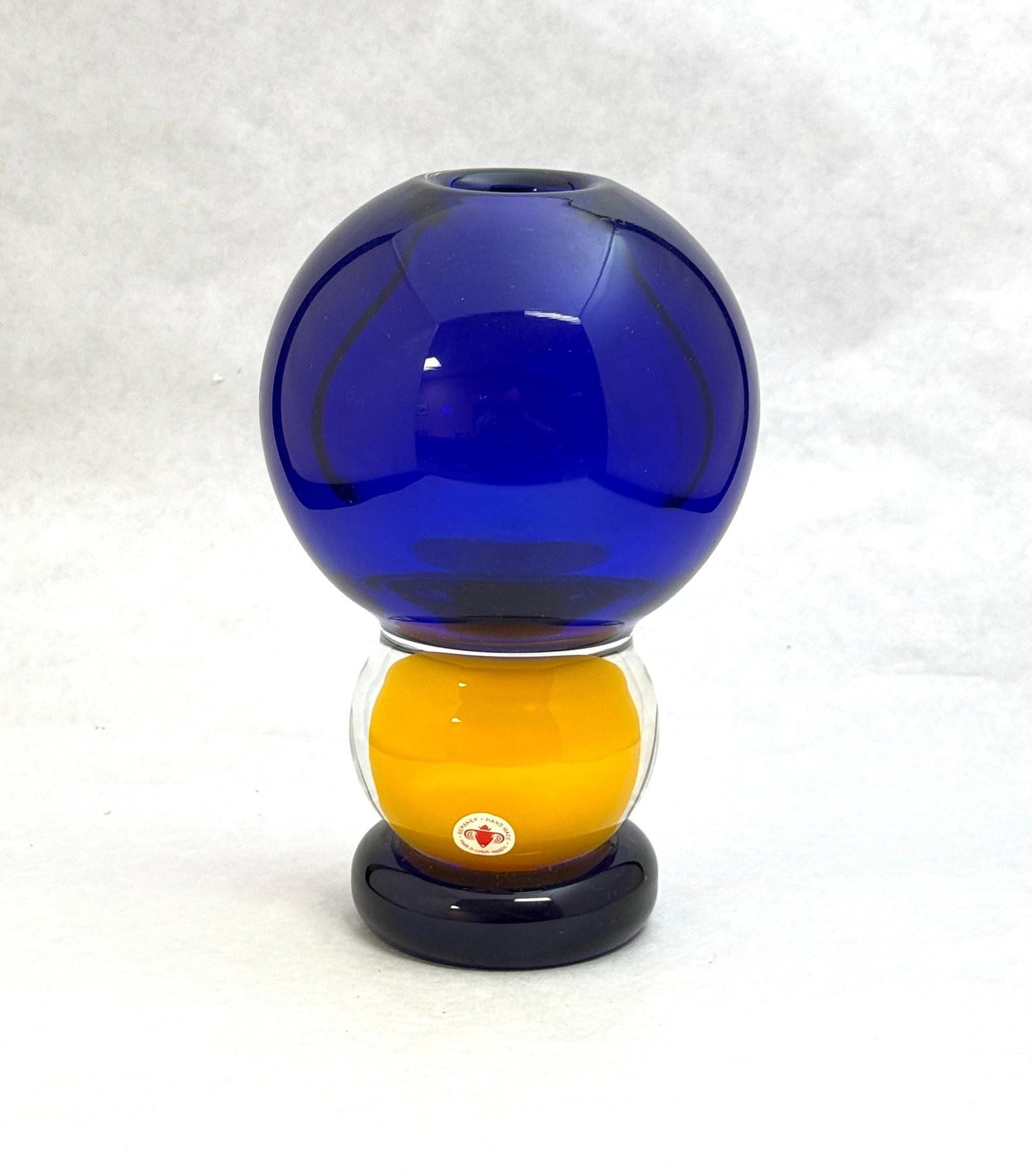 Vladimir Svab Beranek Vase: Vladimir Svab Beranek blue and yellow bulbous art glass vase, Czech Republic, signed and with paper label; ht. 8 1/4". CONDITION: no chips, cracks, repairs, or material defects found, Jaremos