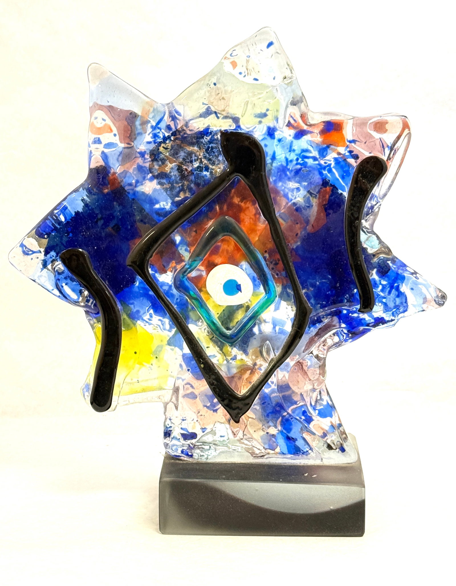 Murano Art Glass Star Sculpture: Murano heavy colorful freeform art glass star sculpture on a black base; ht. 14". CONDITION: no chips, cracks, repairs, or material defects found, Jaremos attempts to call any material flaw that