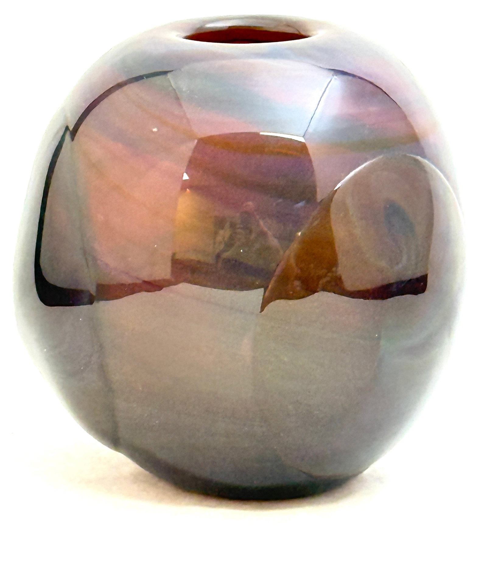 Labino Art Glass Vase: Labino art glass vase muted colors of purple and blue, signed Labino 1977; ht. 4 3/4". CONDITION: no chips, cracks, repairs, or material defects found, Jaremos attempts to call any material flaw that 