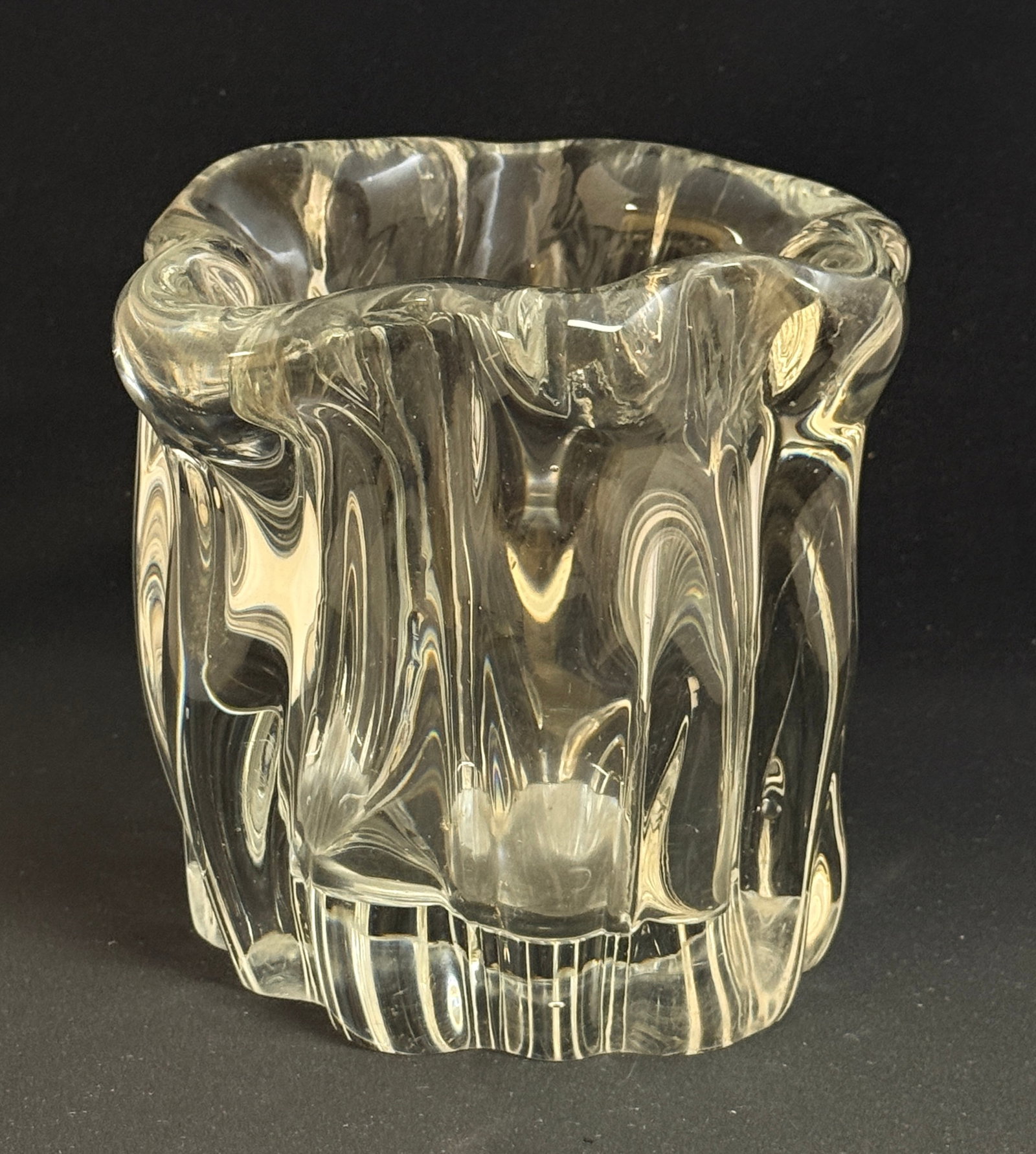 Heavy Tapio Wirkkala Vase: Heavy translucent Tapio Wirkkala free form glass vase, signed, 7" ht. CONDITION: no chips, cracks, repairs, or material defects found, Jaremos attempts to call any material flaw that affects the price