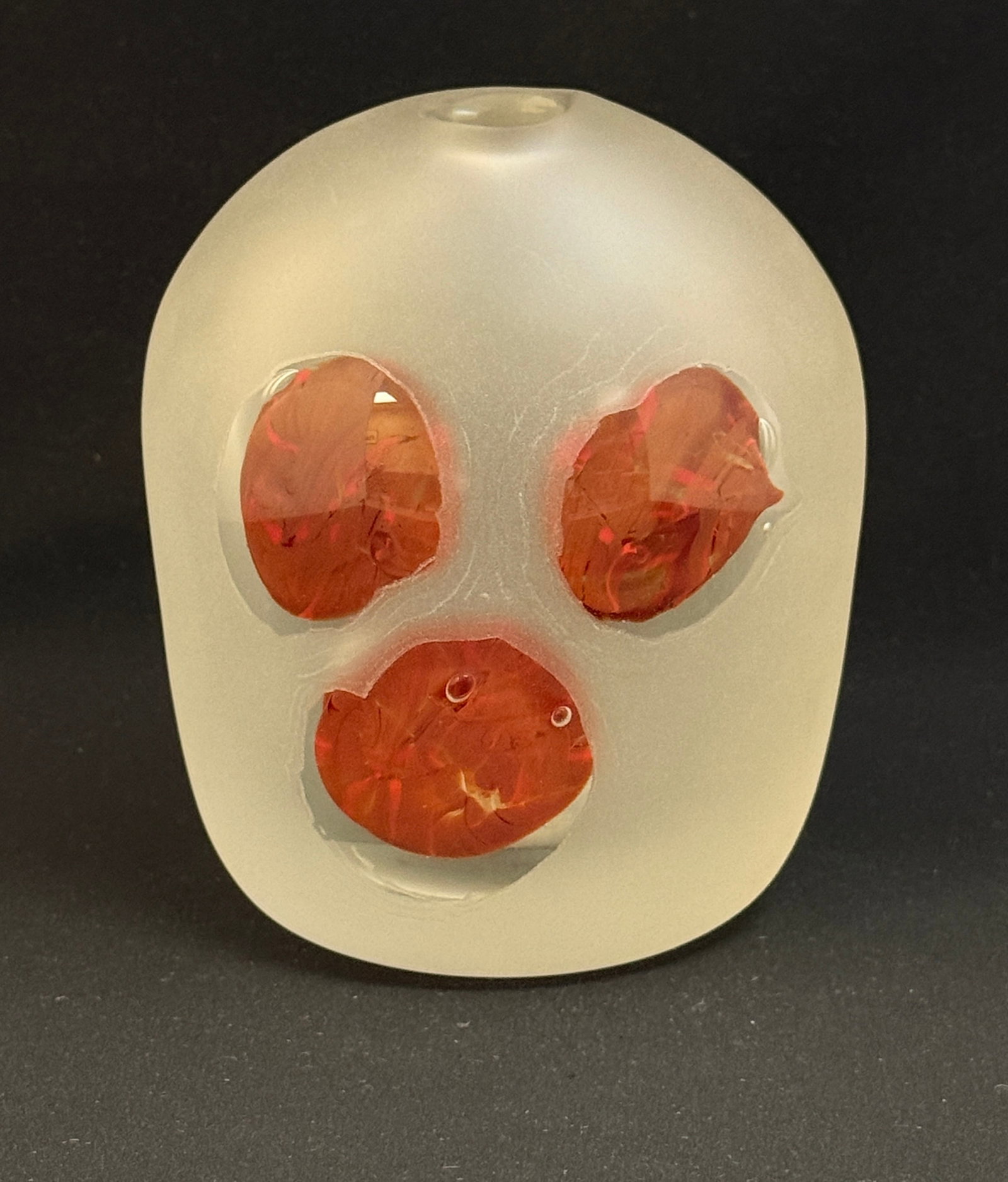 Contemporary Glass Vase: Heavy frosted contemporary glass vase with orange circles, 6 1/2 " ht. CONDITION: no chips, cracks, repairs, or material defects found, Jaremos attempts to call any material flaw that affects the pric