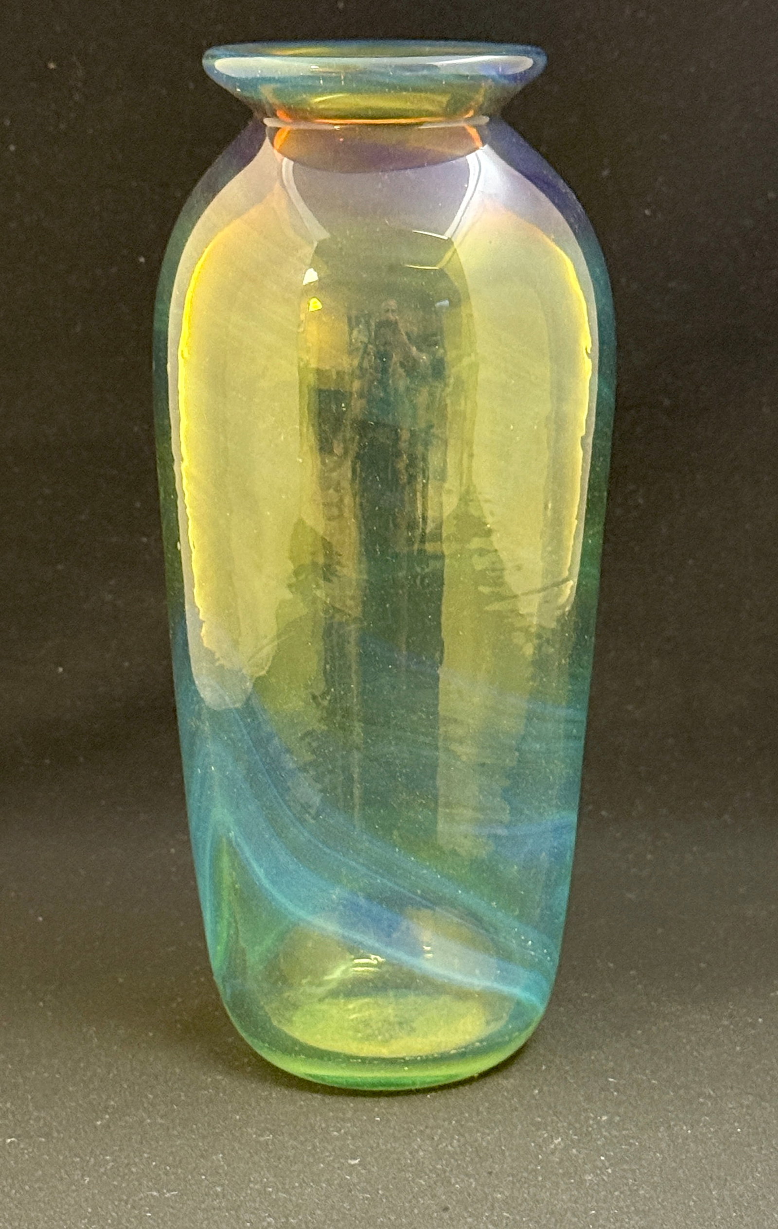 Mark Peiser Art Glass Vase: Mark Peiser green to amber reactive glass vase with wisps of purple, signed Mark Peiser 1969, 9" ht. CONDITION: no chips, cracks, repairs, or material defects found, Jaremos attempts to call any mater