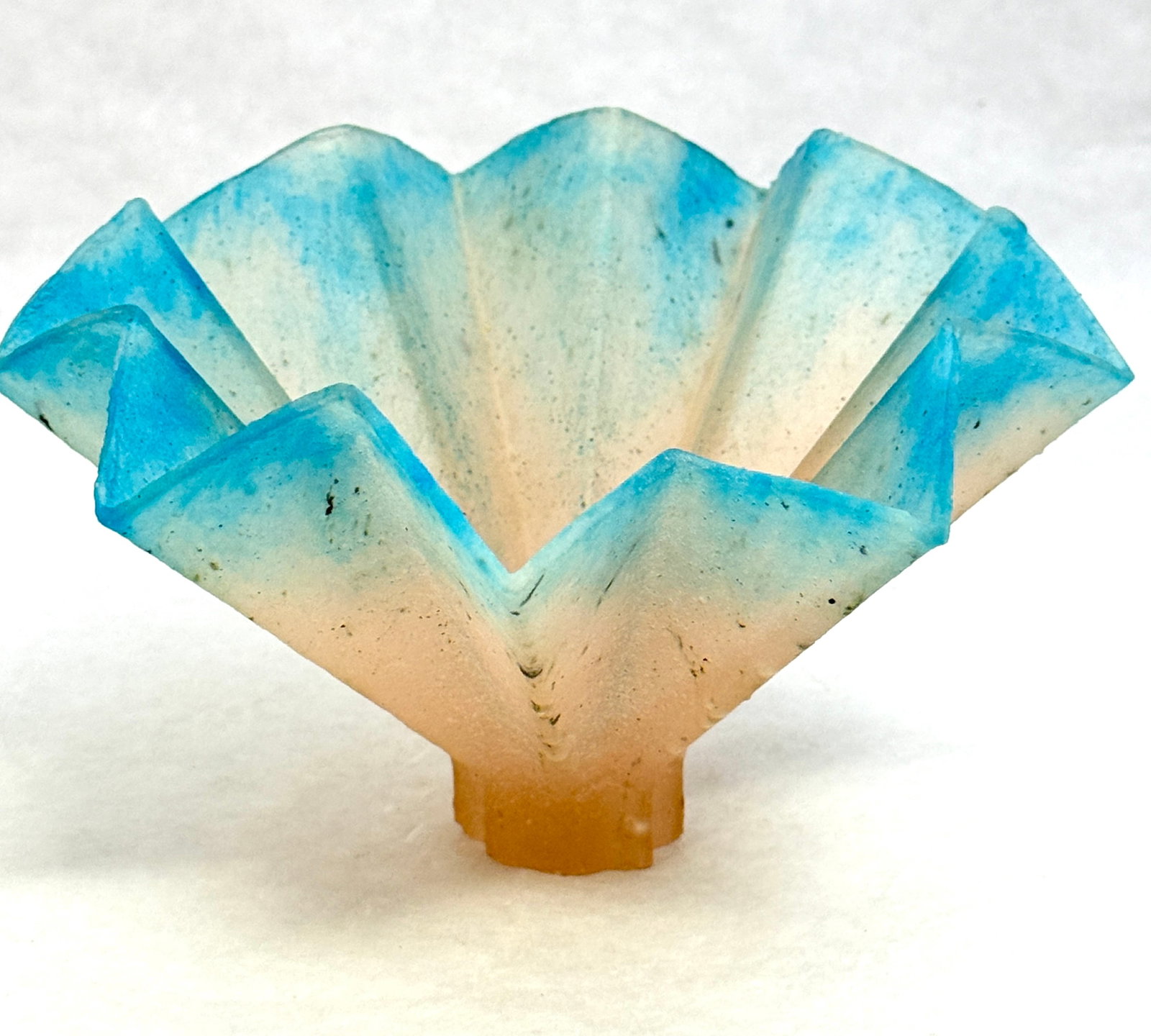 Tessa Clegg Art Deco Fan: Tessa Clegg Art Deco form fan in pink to blue Pate-de-Verre, signed Tessa Clegg 1985, 6 1/2" wide. CONDITION: minor chips along the foot see picture.
