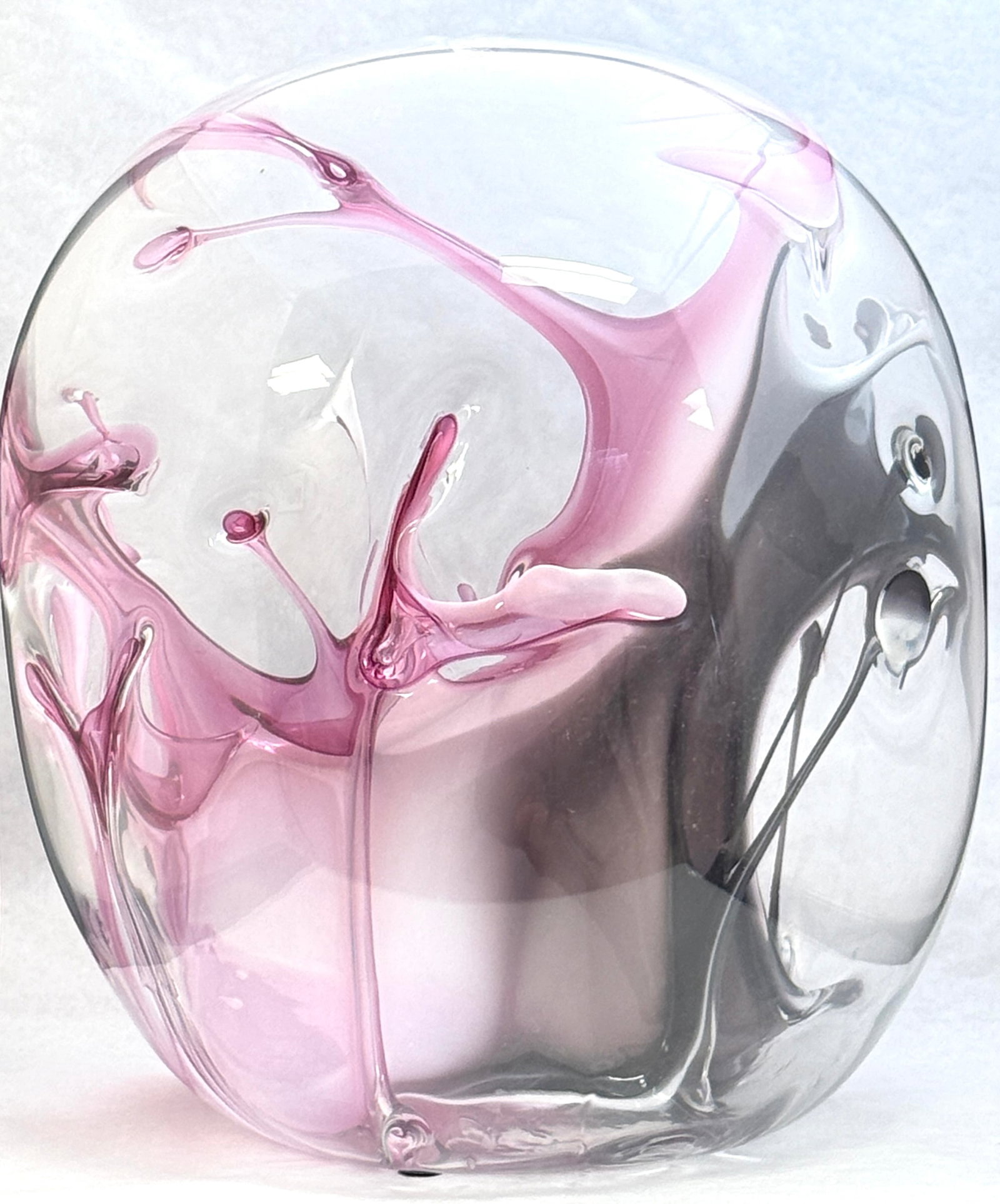 Large Peter Bramhall Orb: Large Peter Bramhall translucent orb decorated with an interior opalescent pink spider web, signed Peter Bramball Miami Series 3 February 1987 help from Andy Bird as good as they come, 17" ht.