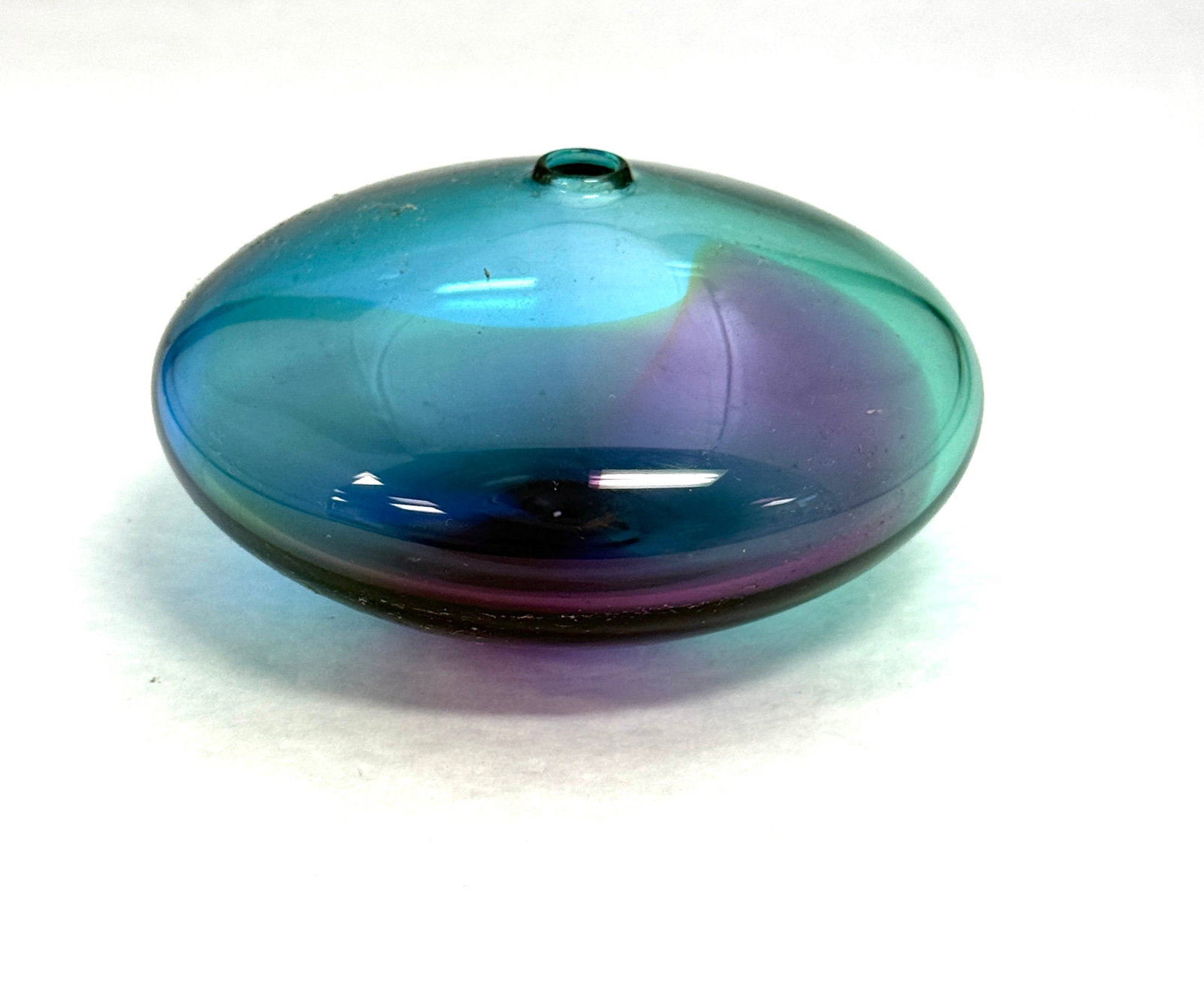 Buzz Blodget Cabinet Vase: Buzz Blodget cabinet vase shading from blue to green to purple, signed Blodgett Glass 94, 4 1/2" wide. CONDITION: no chips, cracks, repairs, or material defects found, Jaremos attempts to call any mat