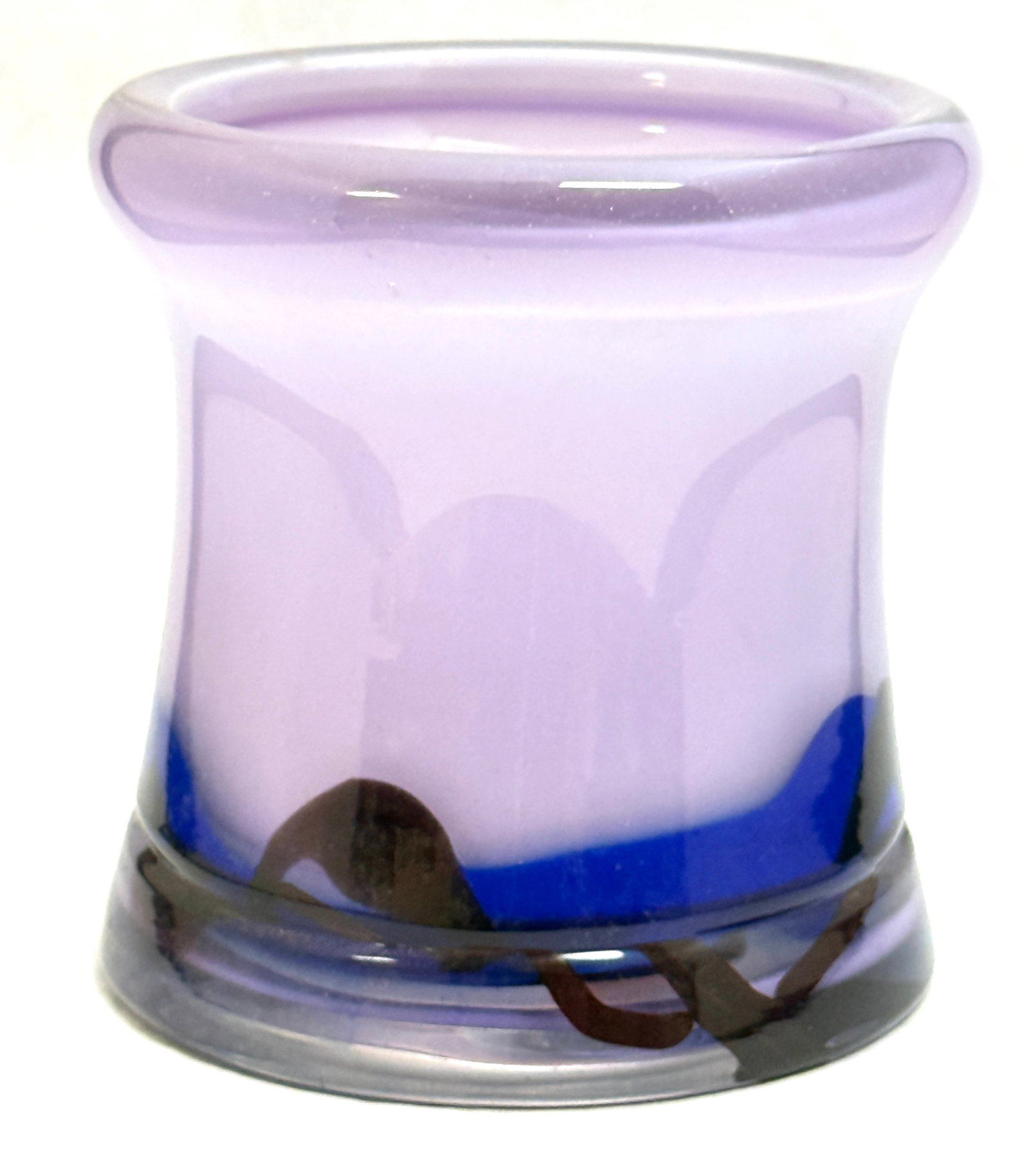 John Brekke Corset Vase: John Brekke lavender corset form art glass vase with a pulled blue design, signed John Brekke 1976, 6" ht. CONDITION: no chips, cracks, repairs, or material defects found, Jaremos attempts to call