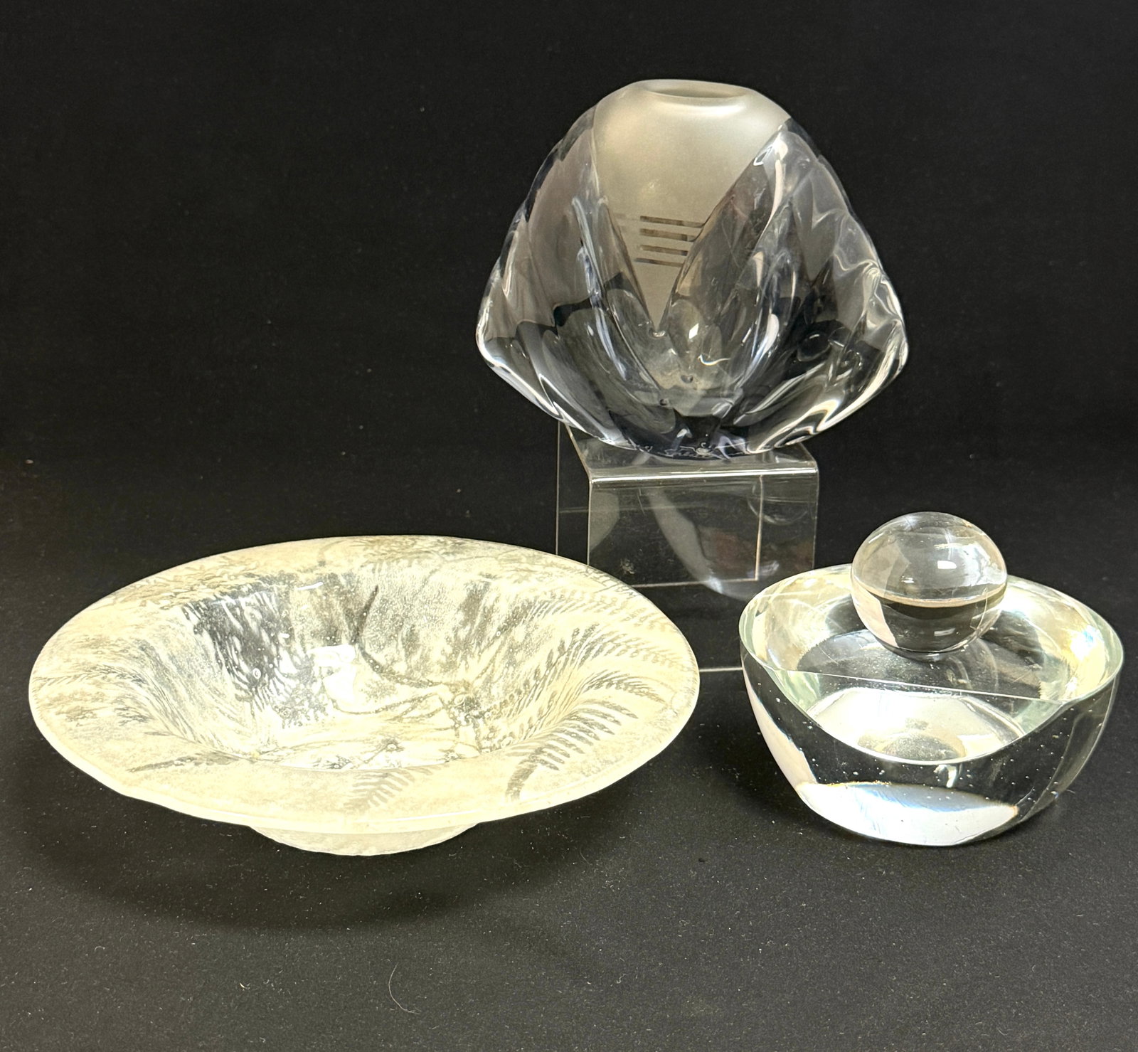 Three Glass items: Three glass items including a Michael Shearer light blue glass vase, a KW Carder clear perfume and a fern opal bowl by Edwin Walter, Walter Bowl 7 3/4" wide. CONDITION: stopper on Carder with chip ste