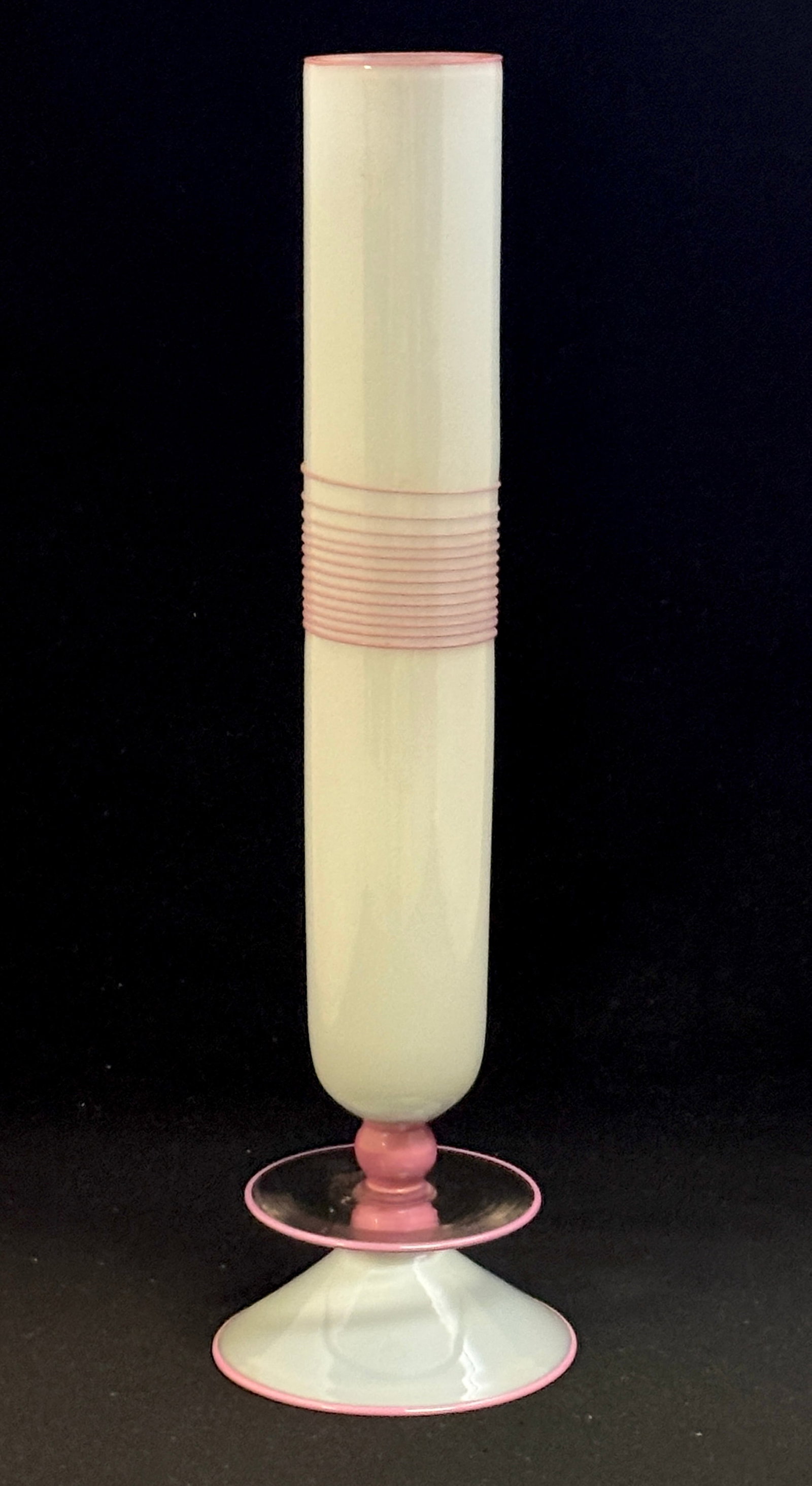 Lino Tagliapietra/Buechner Vase: Collaboration vase between Lino Tagliapietra and Thomas Buechner in a futuristic cylindrical form in blue glass with rose lip wrap and controlled threading, signed Tagliapietra Thomas Buechner III 198